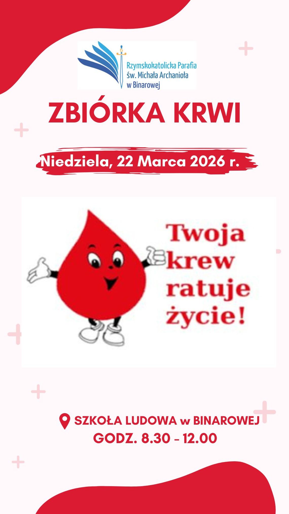 Plakat zapowiadający wydarzenie - Akcja krwiodawstwa w Binarowej