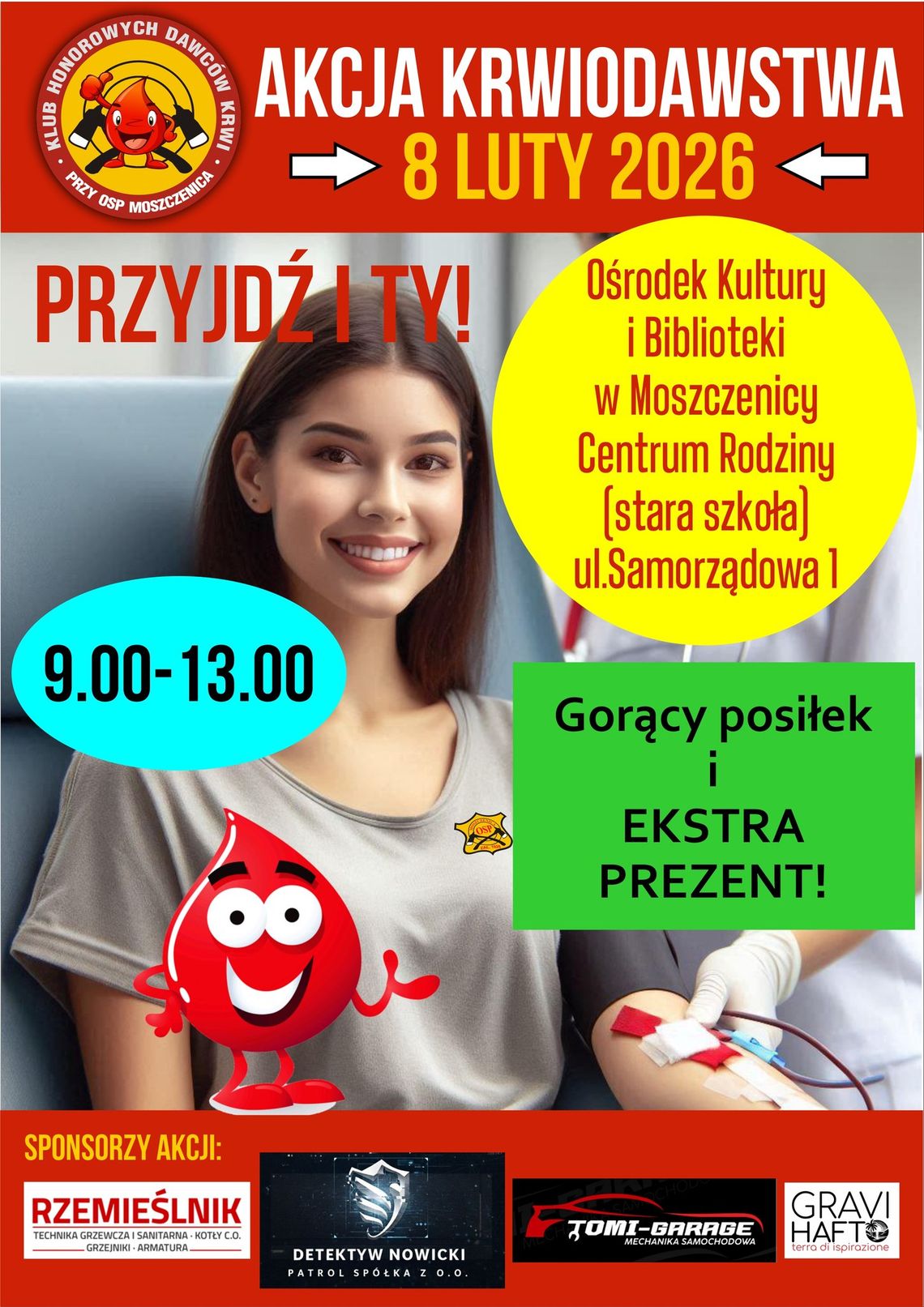 Plakat zapowiadający wydarzenie - Akcja krwiodawstwa w Moszczenicy