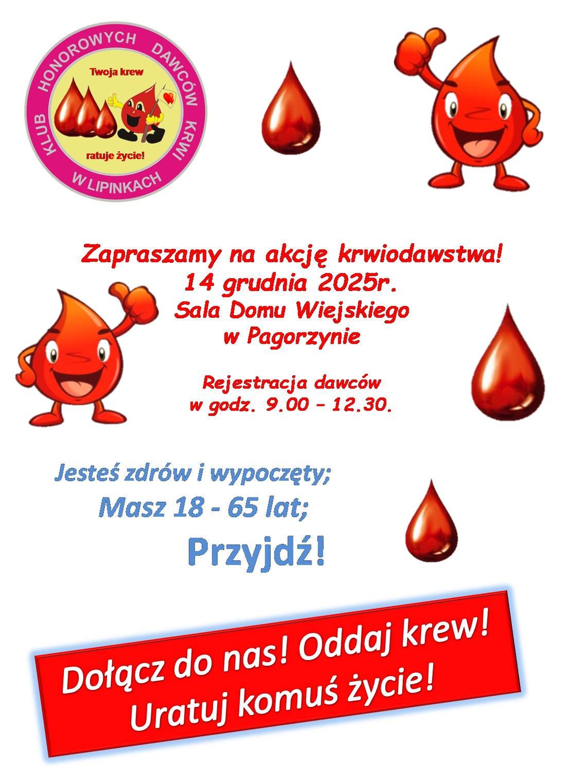 Plakat zapowiadający wydarzenie Akcja oddawania krwi w Pagorzynie