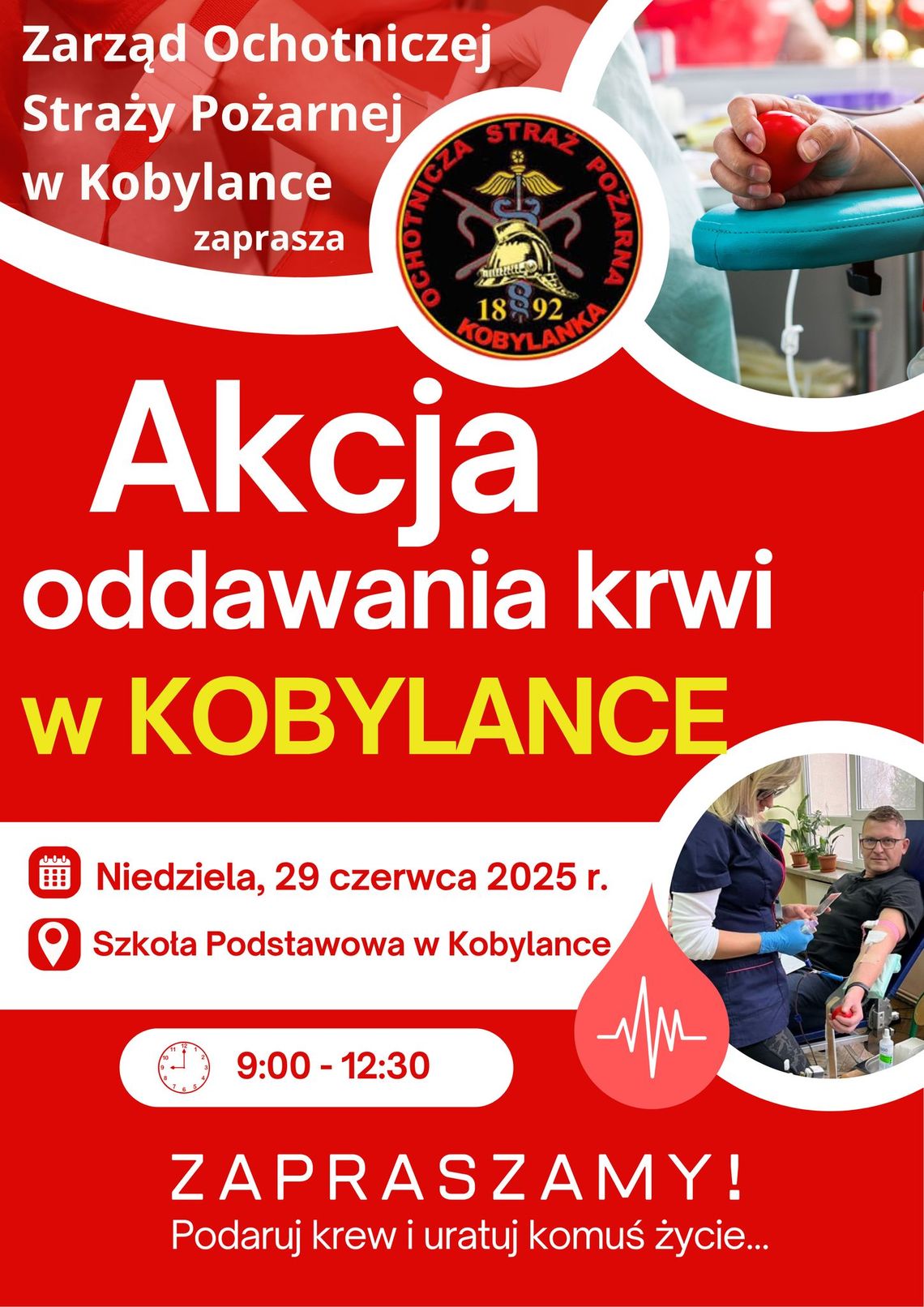 Plakat zapowiadający wydarzenie Akcja oddawania krwi w Kobylance