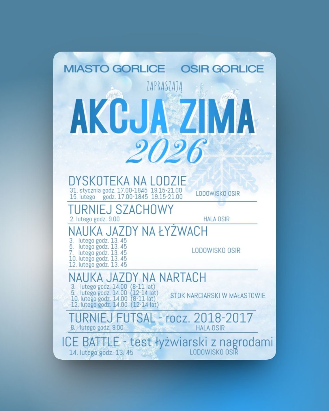 Plakat zapowiadający wydarzenie - Akcja Zima 2026 w Gorlicach