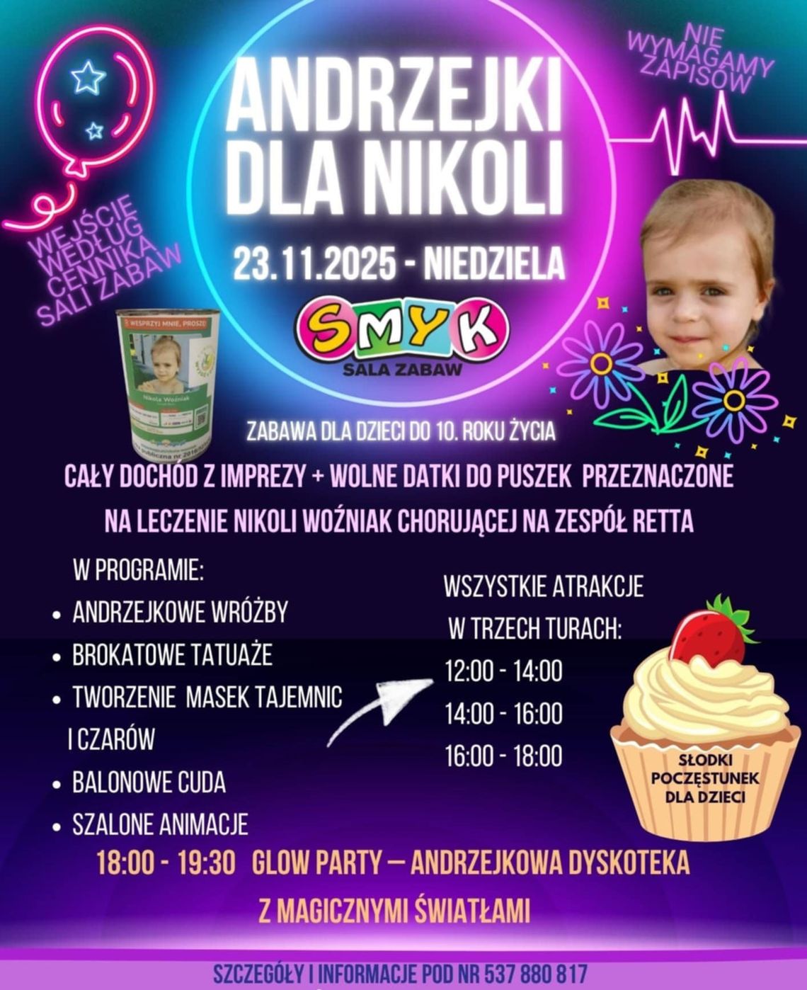 Plakat zapowiadający wydarzenie - Andrzejki dla Nikoli w sali zabaw SMYK