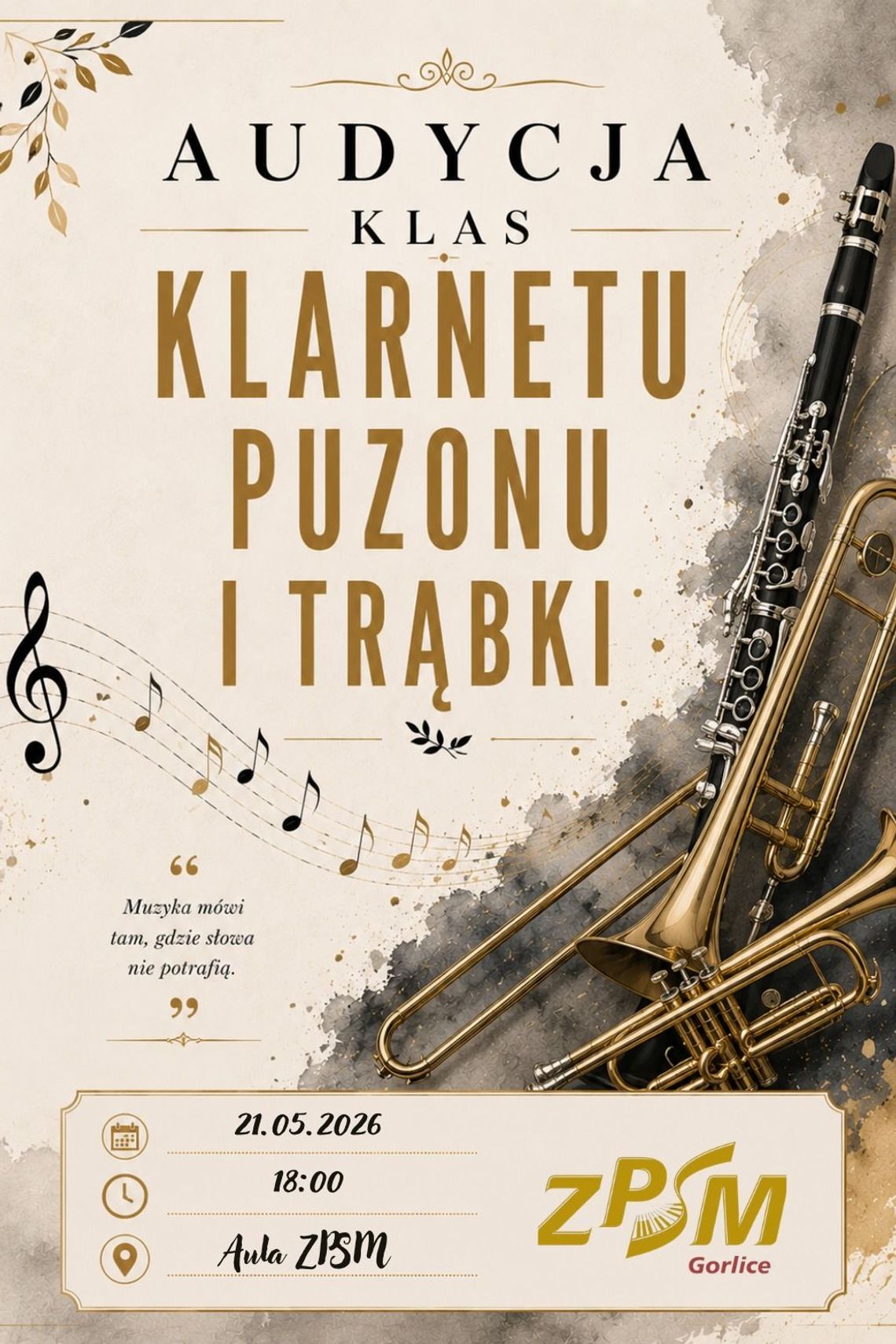 zdjęcie przedstawia plakat promujący wydarzenie - Audycja klas klarnetu, puzonu i trąbki