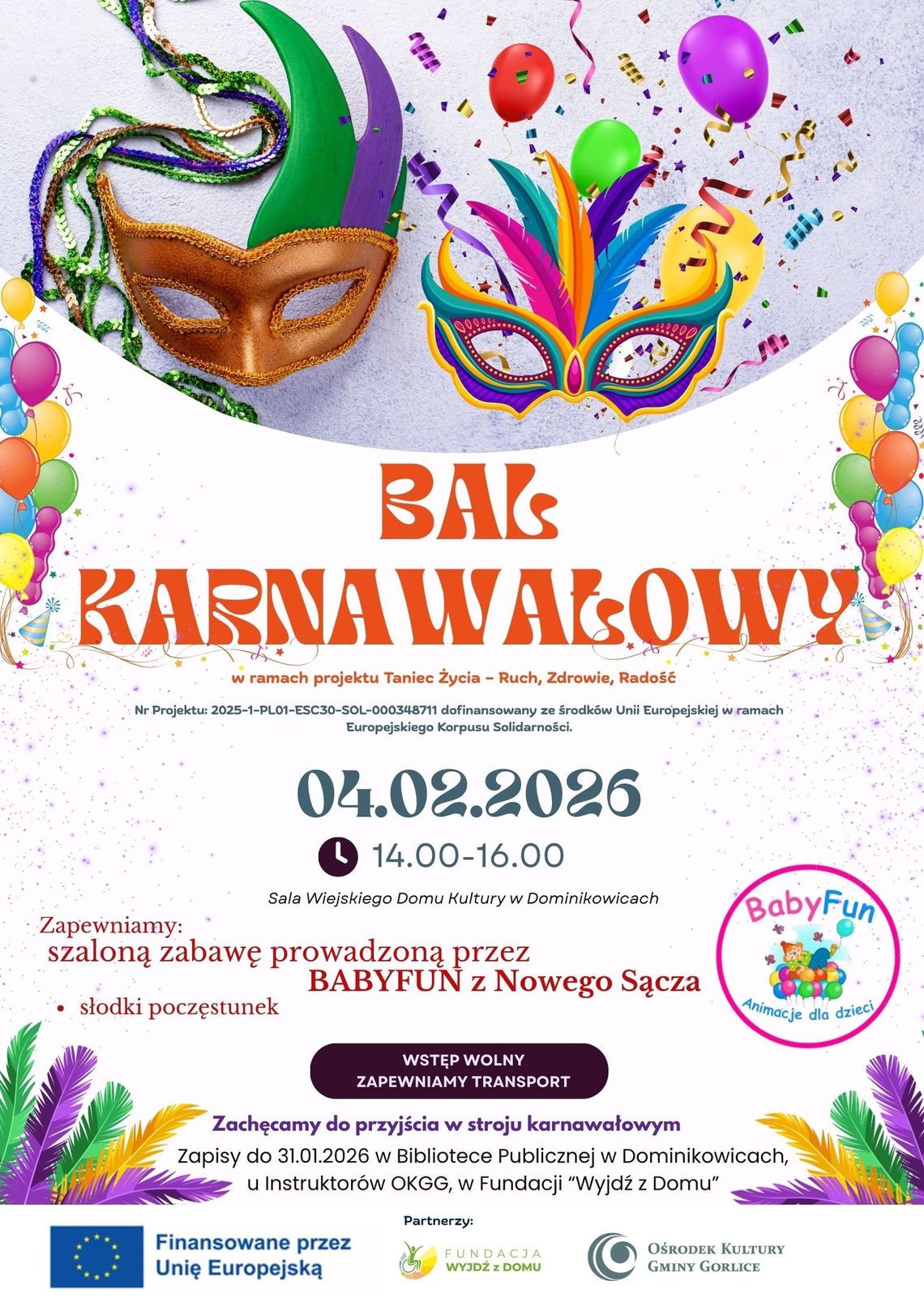 Plakat zapowiadający wydarzenie - Bal karnawałowy w Dominikowicach