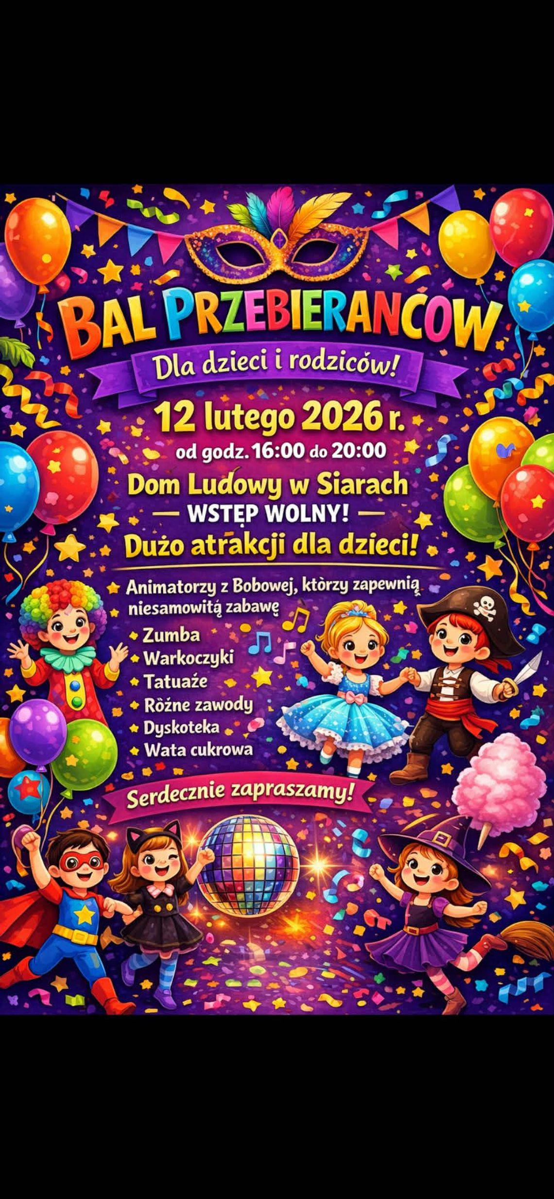 plakat zapowiadający wydarzenie - Bal przebierańców dla dzieci i rodziców w Siarach