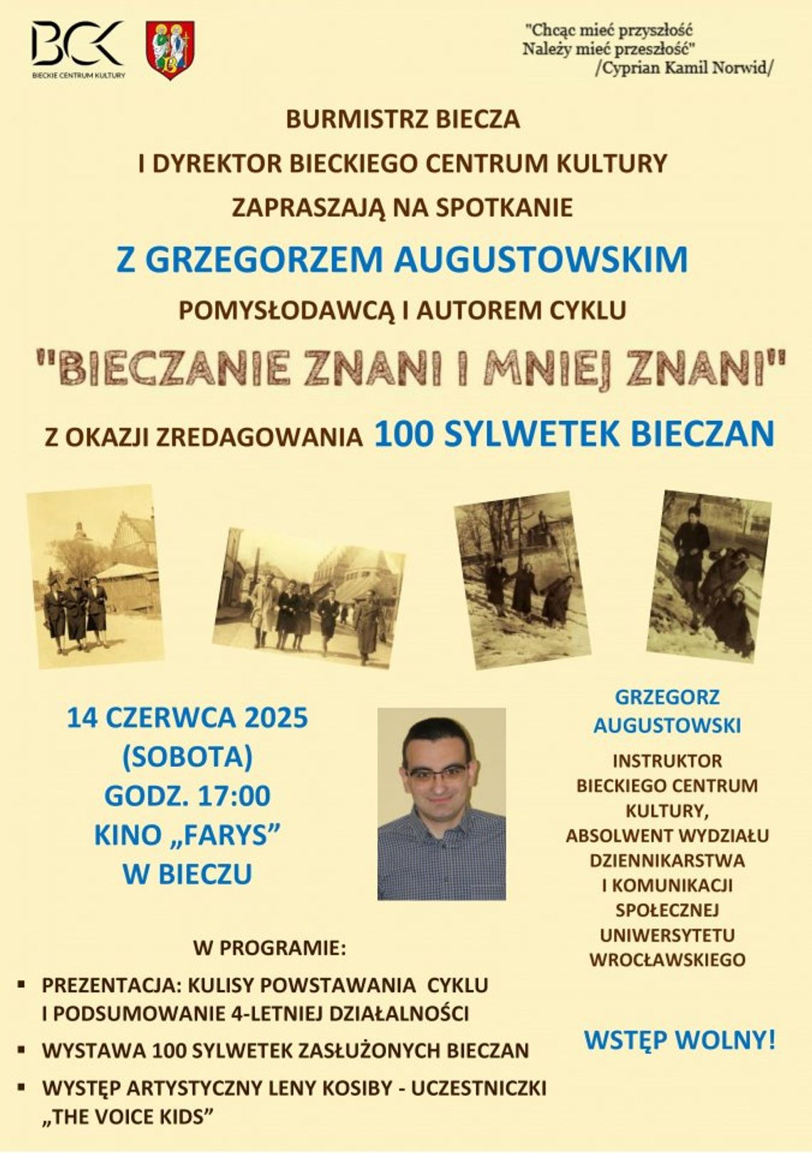 „Bieczanie znani i mniej znani". Spotkanie z okazji zredagowania 100 sylwetek Bieczan | halogorlice.info Plakat promujący spotkanie Spotkanie z Grzegorzem Augustowskim