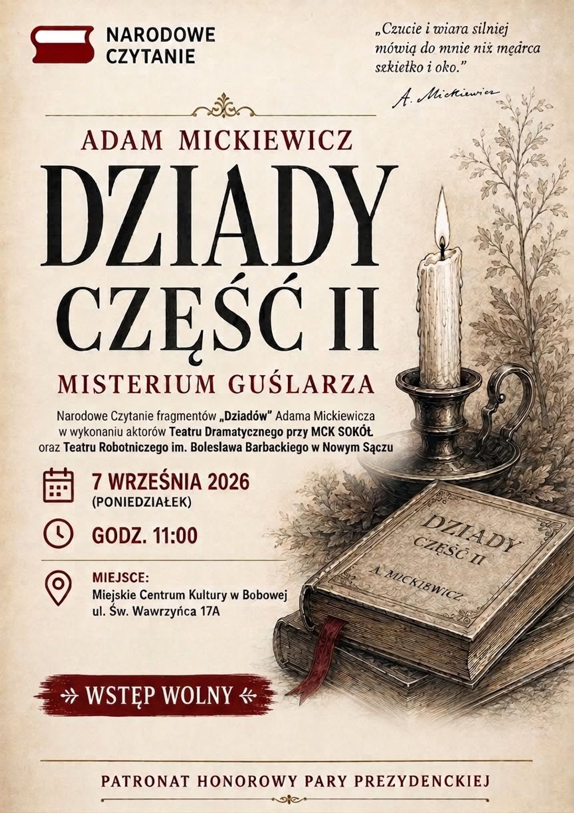 Bobowa. Narodowe Czytanie „Dziadów” | zapowiedzi wydarzeń - halogorlice.info