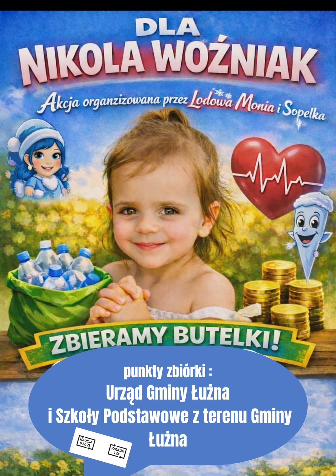 plakat zapowiadający wydarzenie - Butelkowa akcja dla Nikoli Woźniak w Łużnej