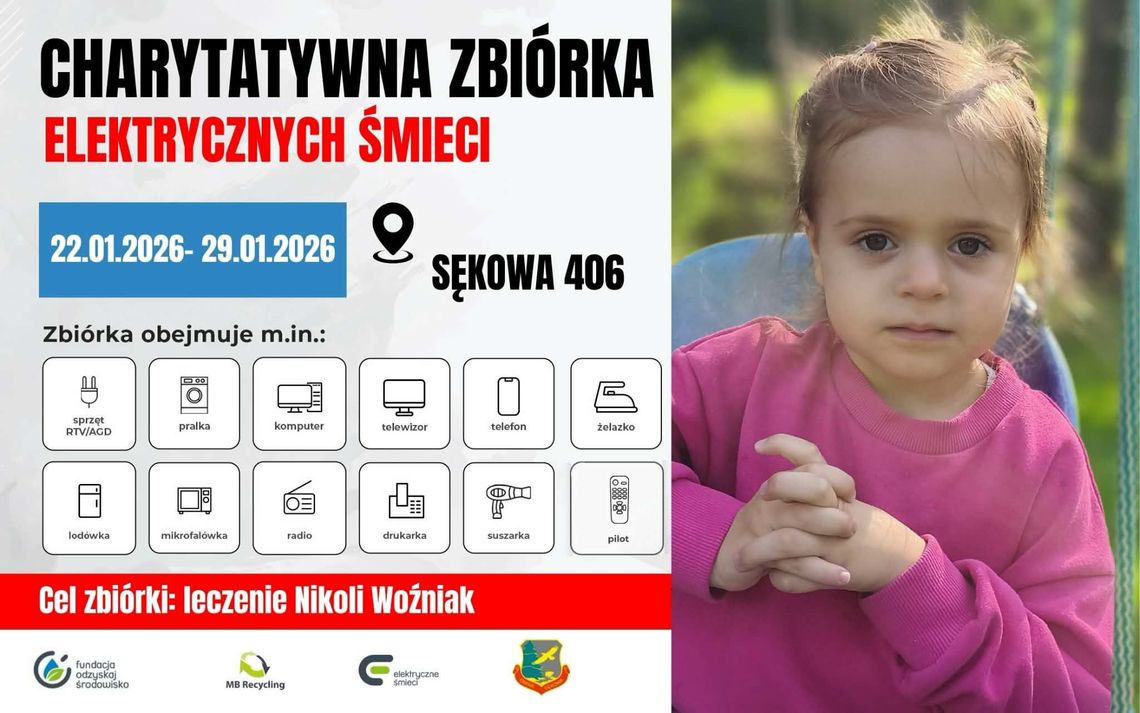 Plakat zapowiadający wydarzenie - Charytatywna zbiórka elektrycznych śmieci na leczenie Nikoli