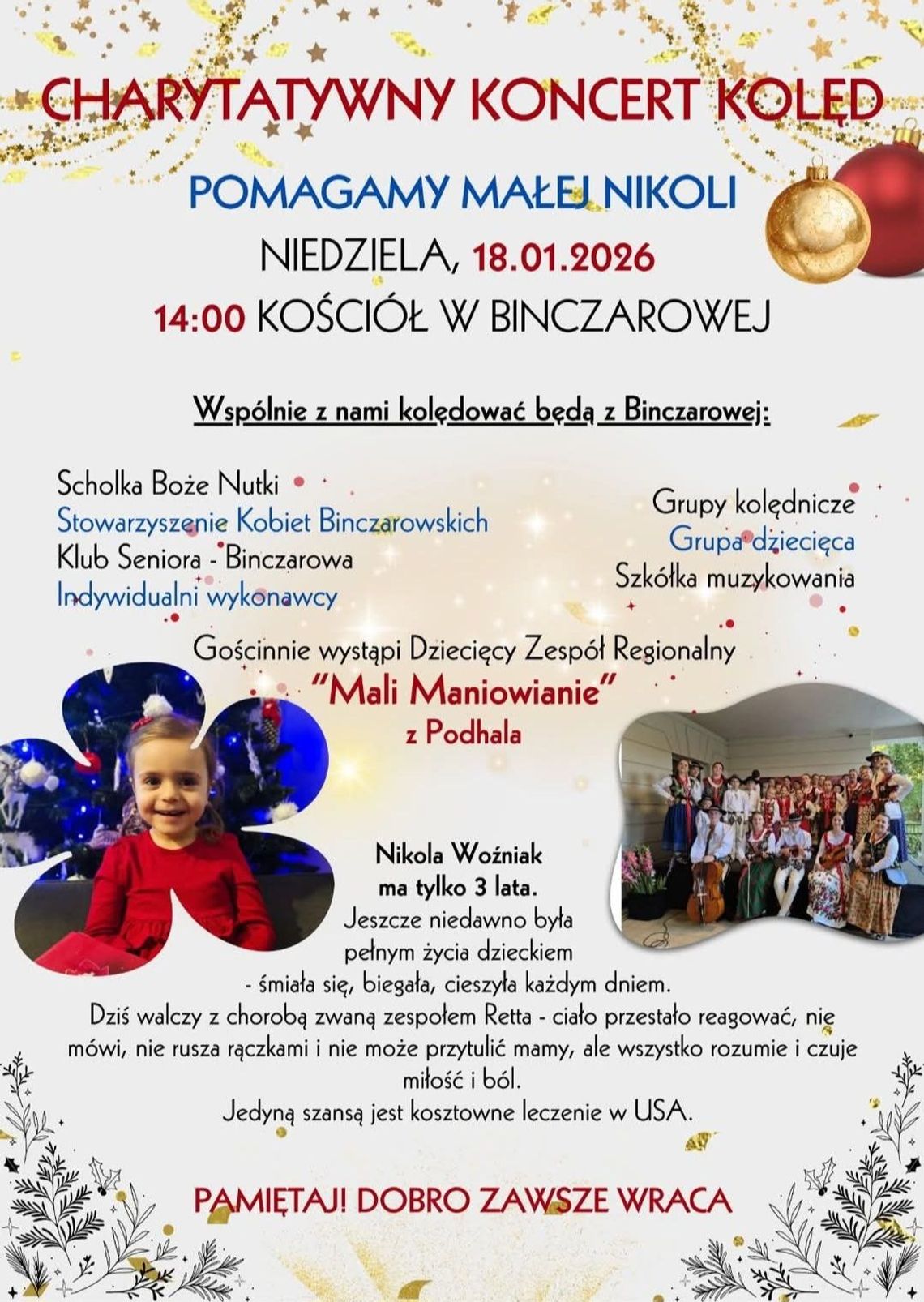 plakat zapowiadający - Charytatywny koncert kolęd na rzecz Nikoli Woźniak