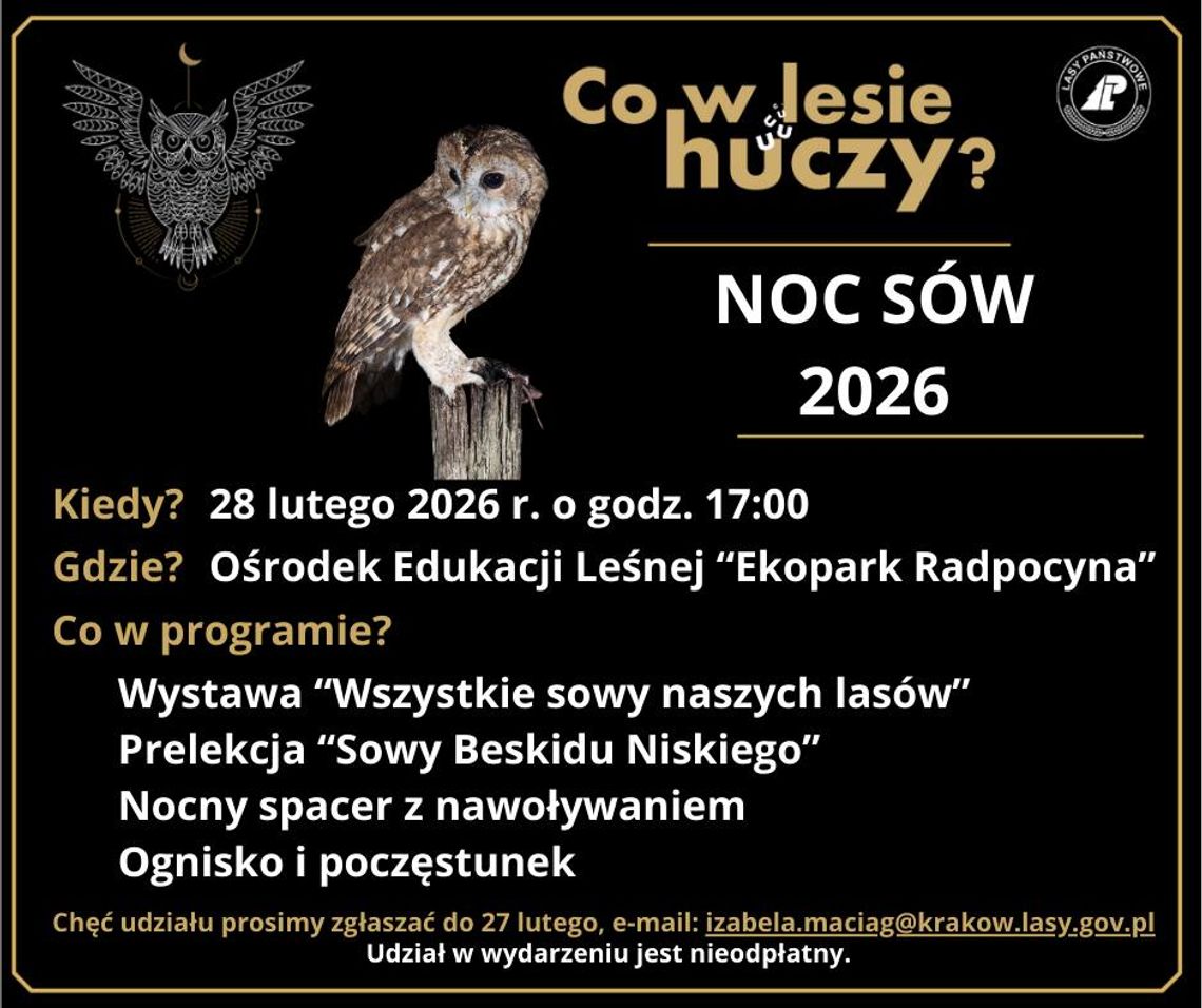 plakat zapowiadający wydarzenie - Co w lesie huczy? Noc Sów 2026
