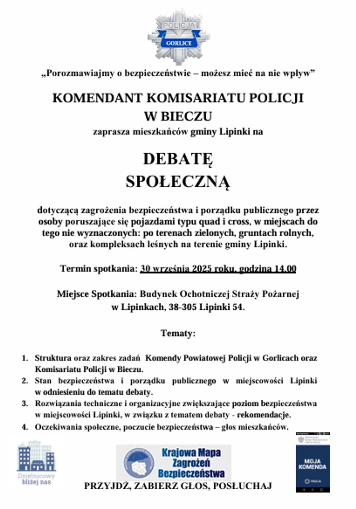 Zdjęcie przedstawia plakat promujący wydarzenie Debata społeczna pt. Porozmawiajmy o bezpieczeństwie – możesz mieć na nie wpływ