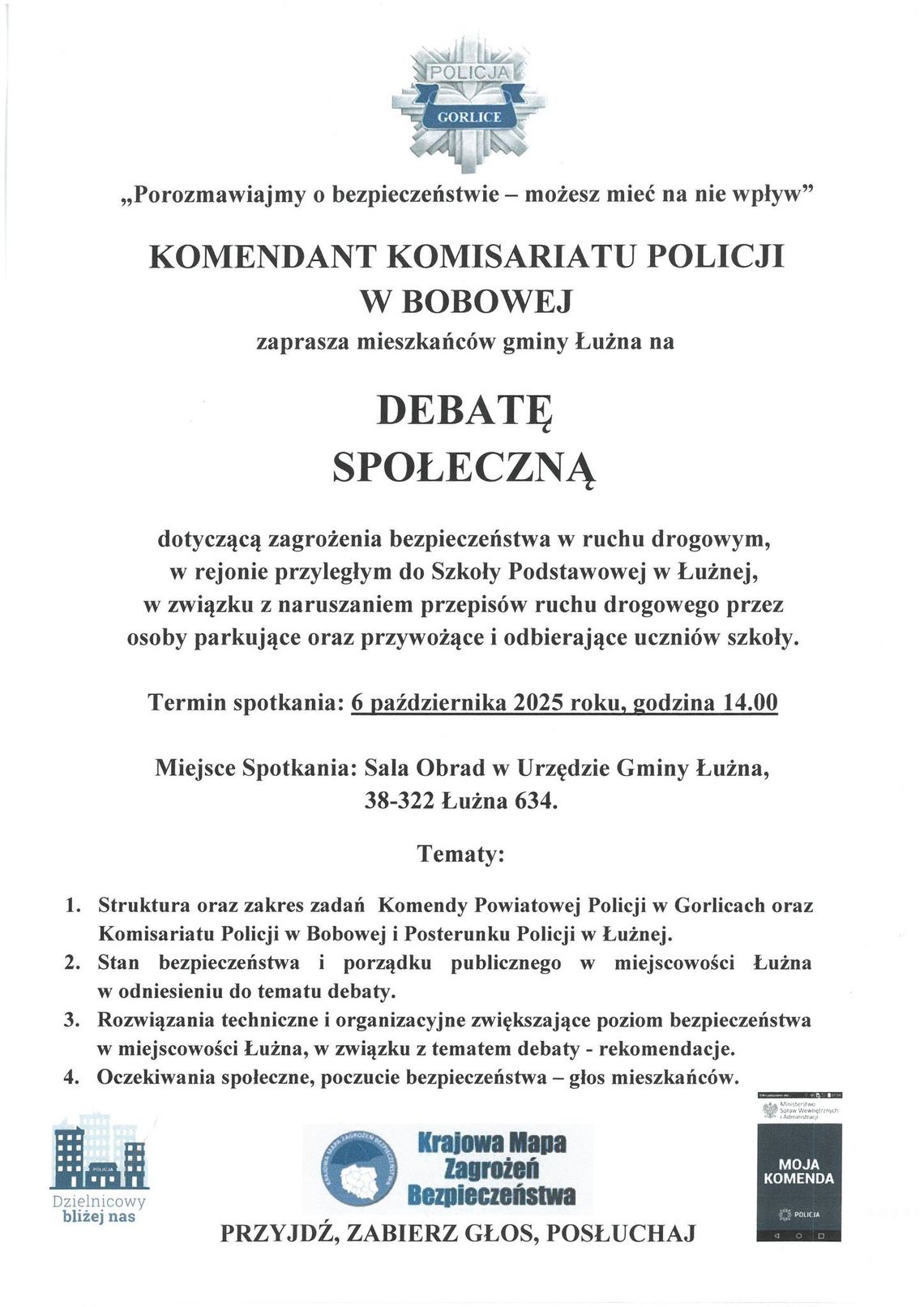 Zdjęcie przedstawia plakat promujący wydarzenie Debata społeczna pt. Porozmawiajmy o bezpieczeństwie