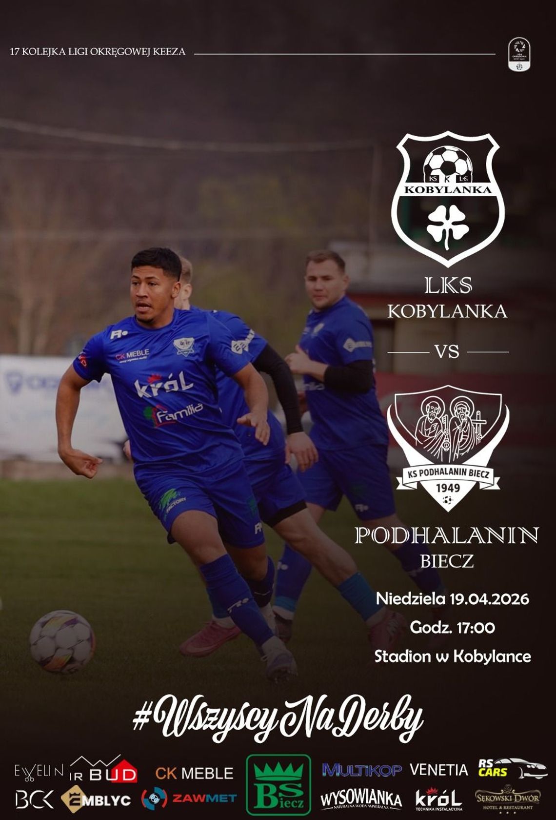 plakat zapowiadający wydarzenie - Derby LKS Kobylanka - Podhalanin Biecz
