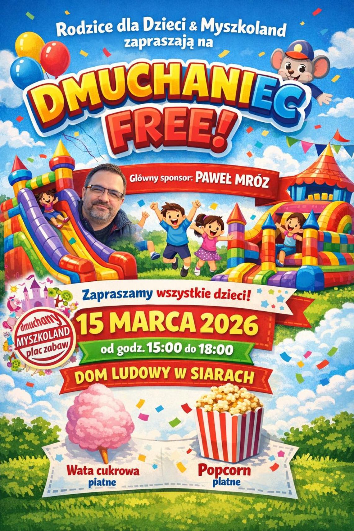 plakat zapowiadający wydarzenie - Dmuchańce za darmo dla dzieci. Rodzinne wydarzenie w Siarach