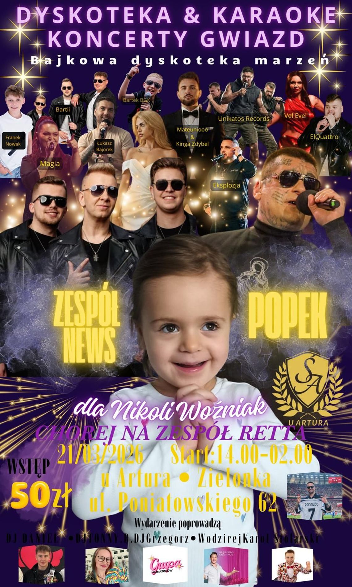 Plakat zapowiadający wydarzenie - DYSKOTEKA & KARAOKE – KONCERTY GWIAZD