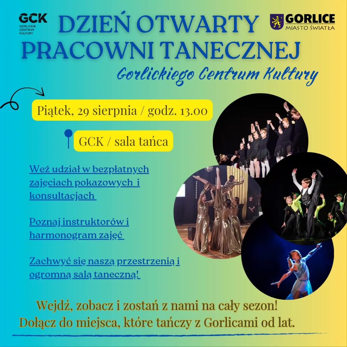 Zdjęcie przedstawia plakat promujący wydarzenie Dzień otwarty pracowni tanecznej GCK