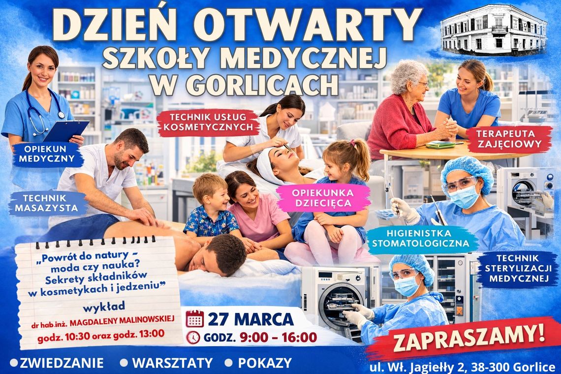 Dzień Otwarty Szkoły Medycznej w Gorlicach | zapowiedzi wydarzeń - halogorlice.info plakat zapowiadający wydarzenie - Dzień Otwarty Szkoły Medycznej w Gorlicach