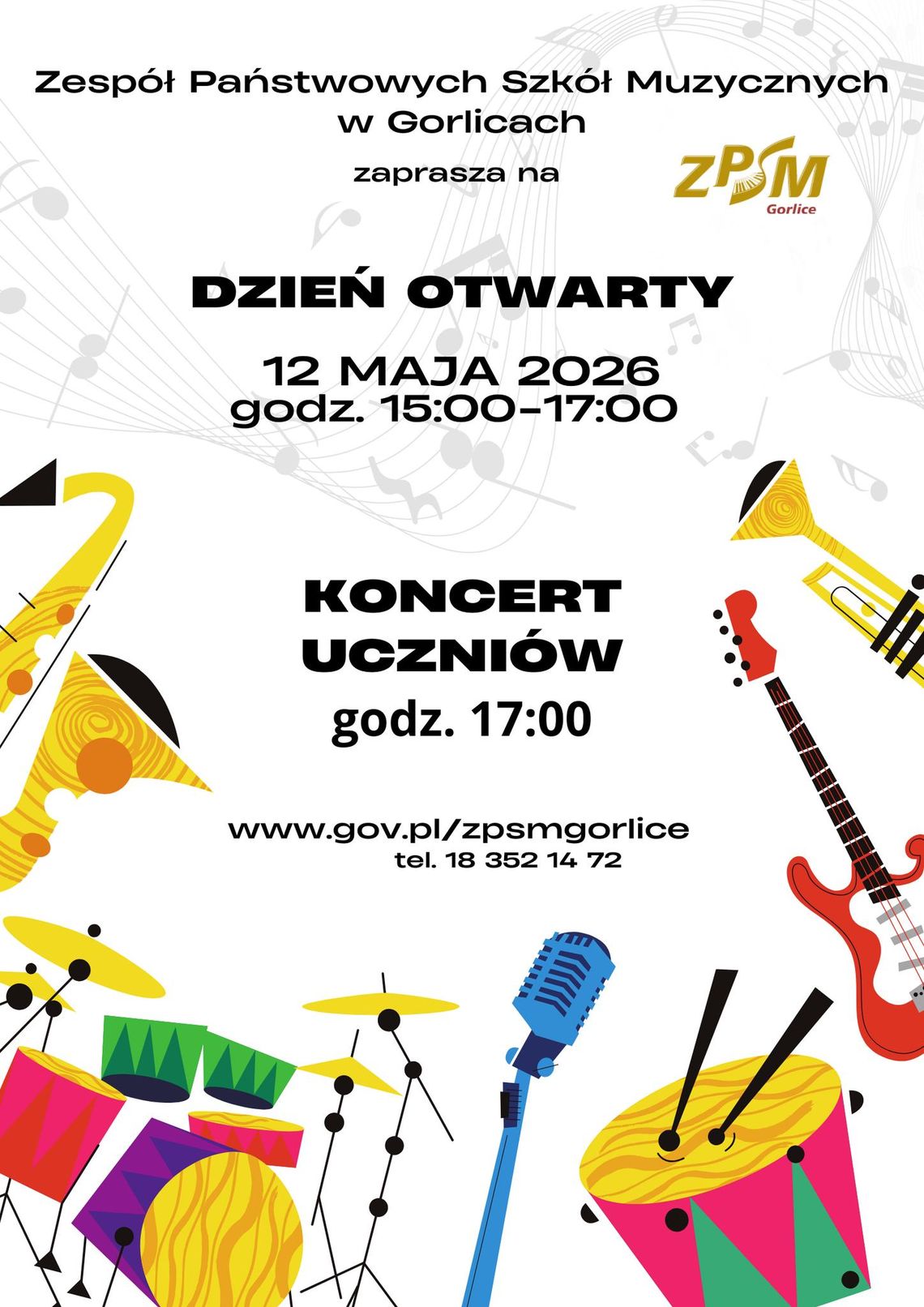 plakat zapowiadający wydarzenie -  Dzień Otwarty w Zespole Państwowych Szkół Muzycznych w Gorlicach