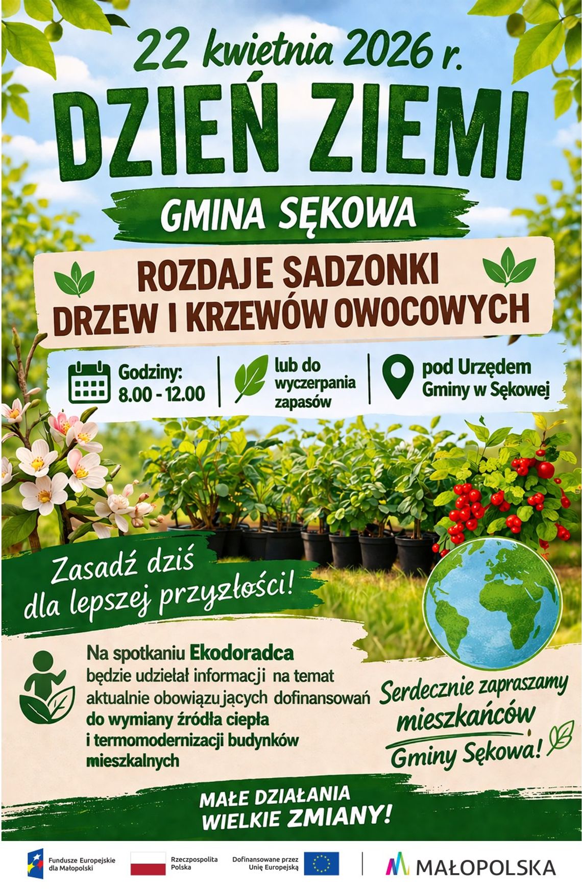 Dzień Ziemi w Gminie Sękowa – rozdajemy sadzonki drzew i krzewów owocowych | zapowiedzi wydarzeń - halogorlice.info zdjęcie przedstawia plakat promujacy wydarzenie - Dzień Ziemi w Gminie Sękowa – rozdajemy sadzonki drzew i krzewów owocowych