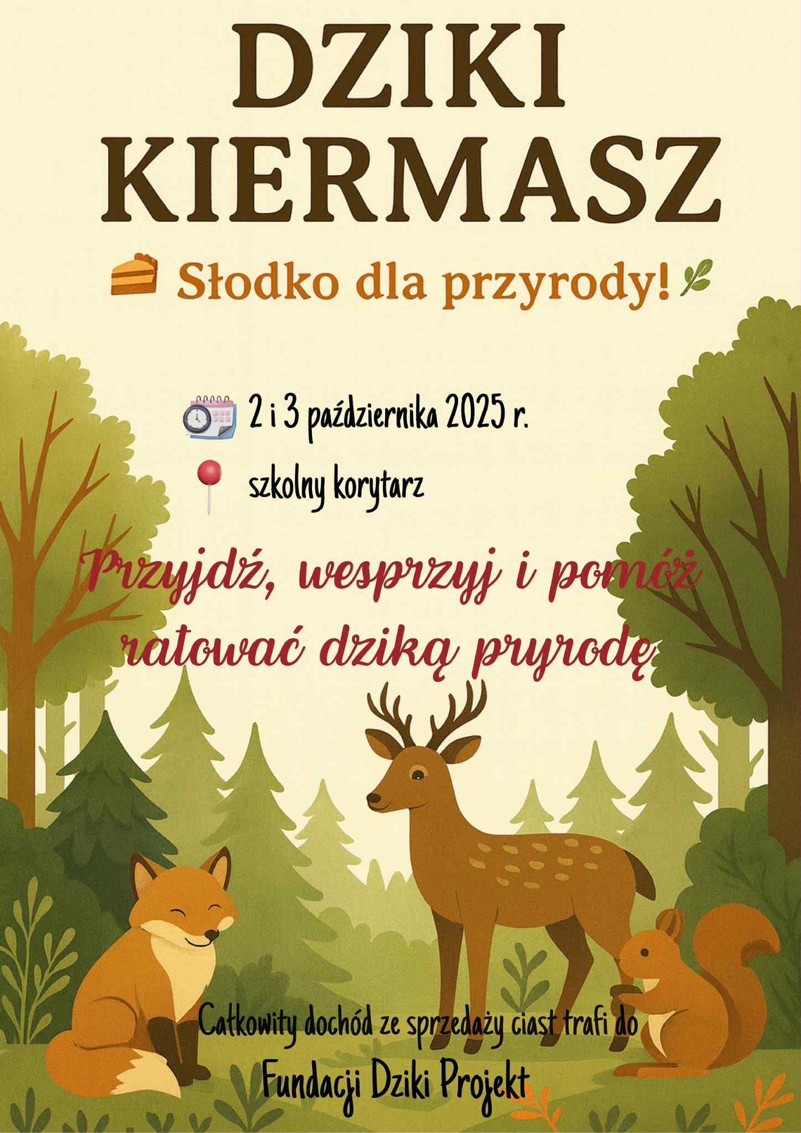 plakat zapowiadający wydarzenie w  MZS nr 6 pt. DZIKI KIERMASZ - Słodko dla przyrody