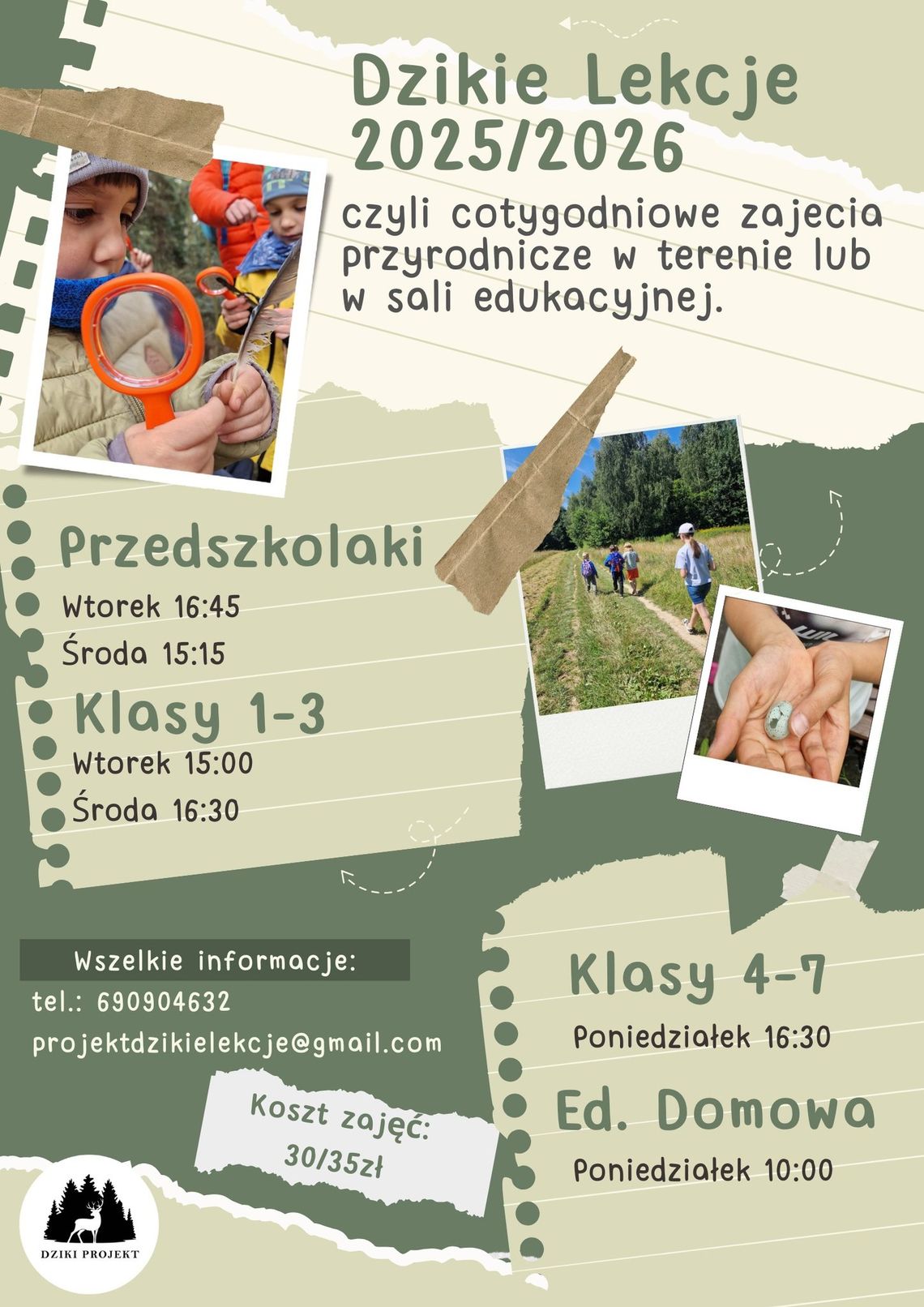 Dzikie Lekcje 2025/26 w terenie lub w sali edukacyjnej | halogorlice.info Zdjęcie przedstawia plakat promujący wydarzenie Dzikie Lekcje 2025/26 w terenie lub w sali edukacyjnej