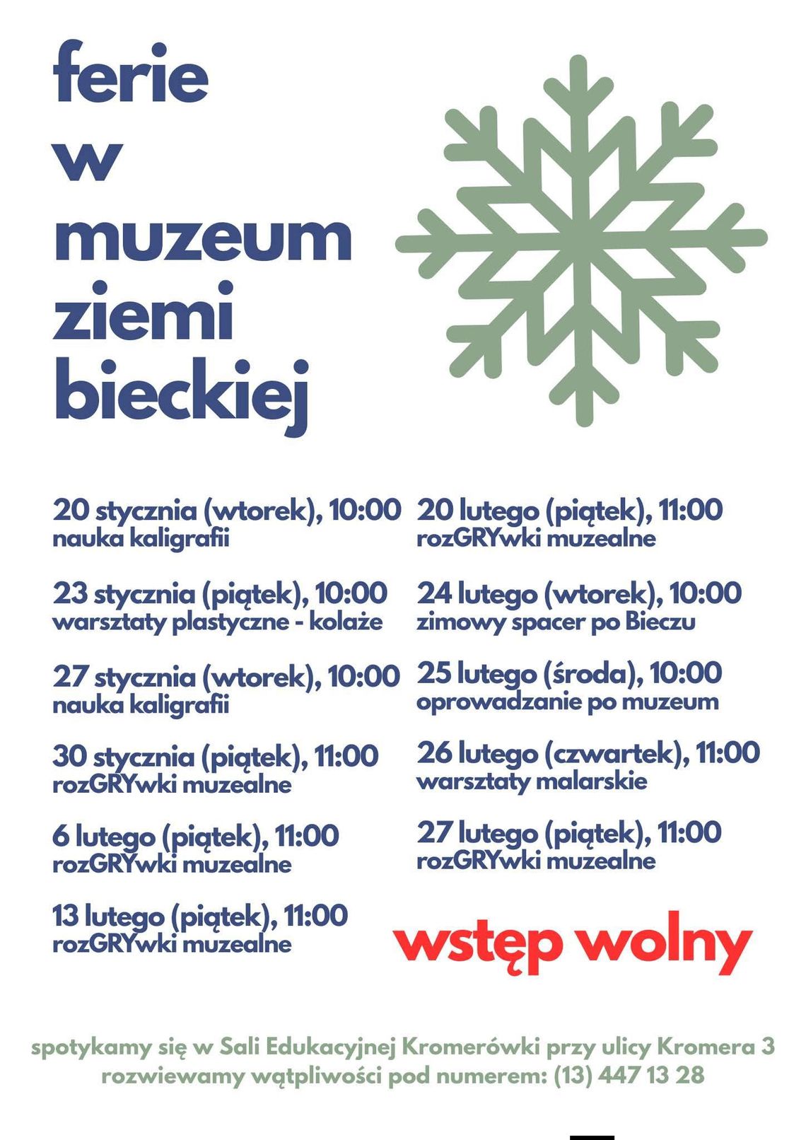 plakat zapowiadający wydarzenie - Ferie w muzeum ziemi bieckiej