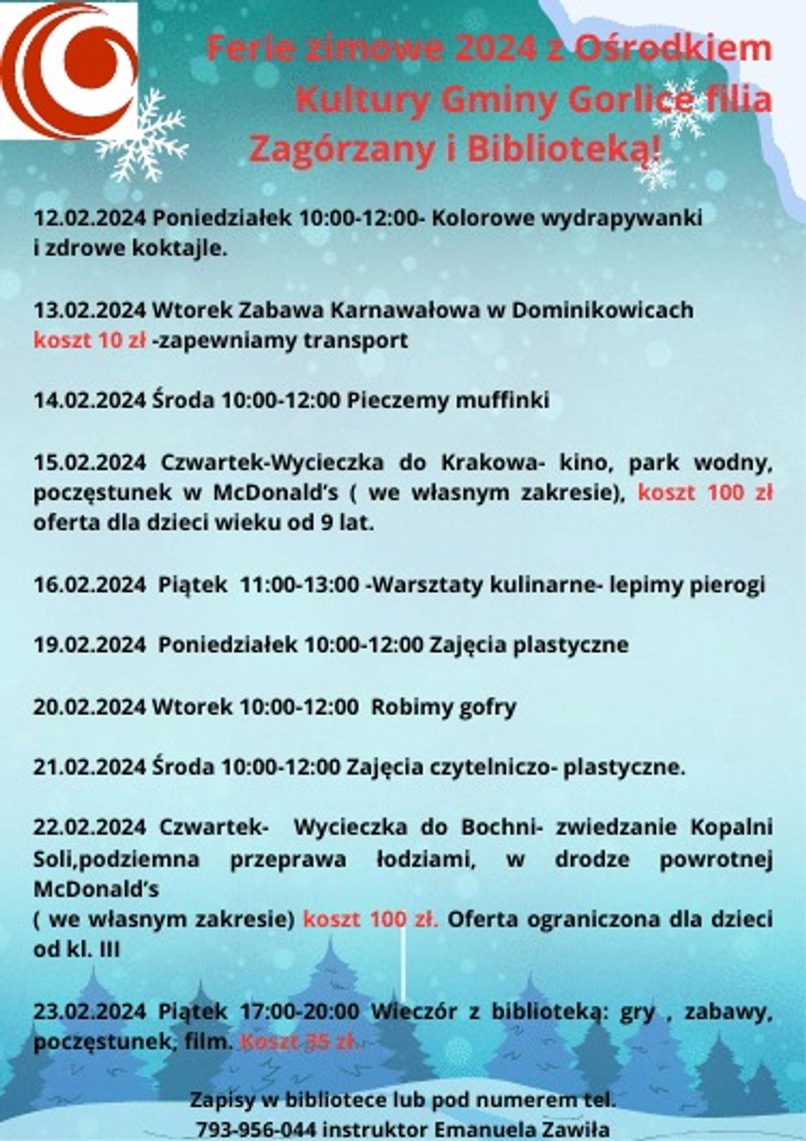 Ferie zimowe 2024 z OKGG filia Zagórzany i Biblioteką | halogorlice.info