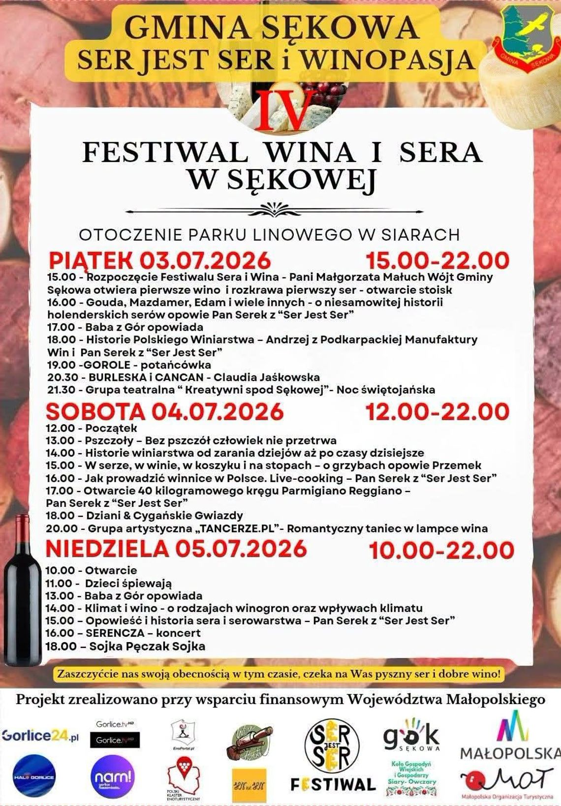 Festiwal Wina i Sera w Sękowej | zapowiedzi wydarzeń - halogorlice.info Zdjęcie przedstawia plakat zapowiadający wydarzenie - Festiwal Wina i Sera w Sękowej