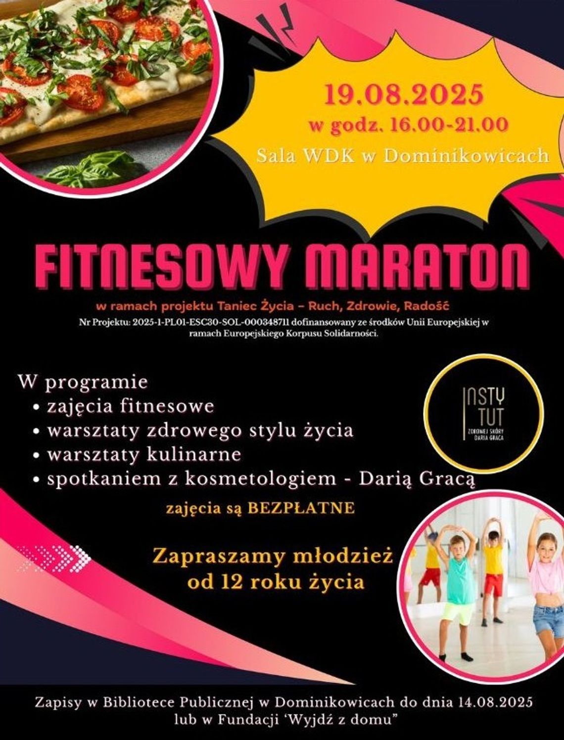 Zdjęcie przedstawia plakat promujący Fitnesowy maraton dla młodzieży