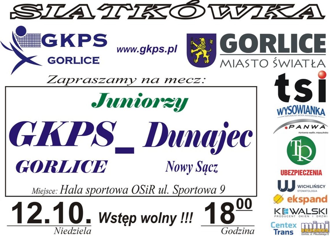 GKPS Gorlice – Dunajec Nowy Sącz | zapowiedzi wydarzeń - halogorlice.info plakat zapowiadający mecz siatkówki GKPS Gorlice – Dunajec Nowy Sącz