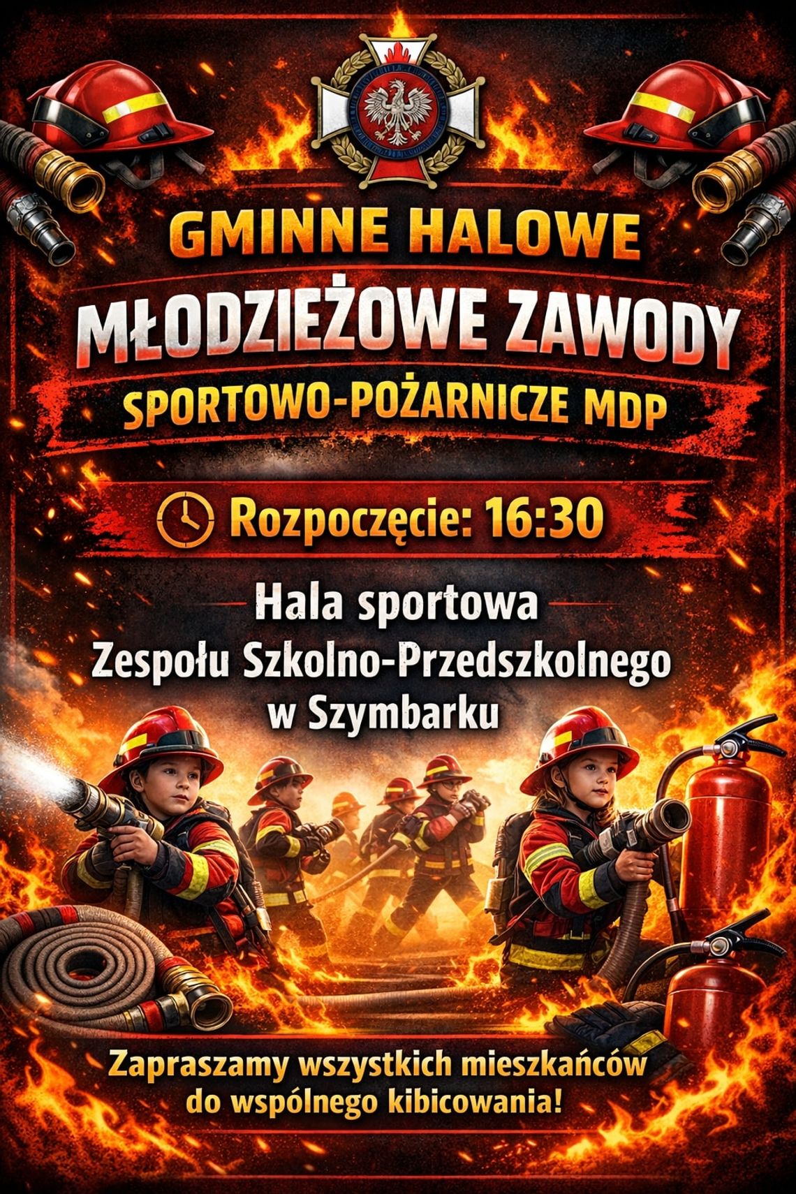 plakat zapowiadający wydarzenie - Gminne Halowe Młodzieżowe Zawody Sportowo-Pożarnicze w Szymbarku