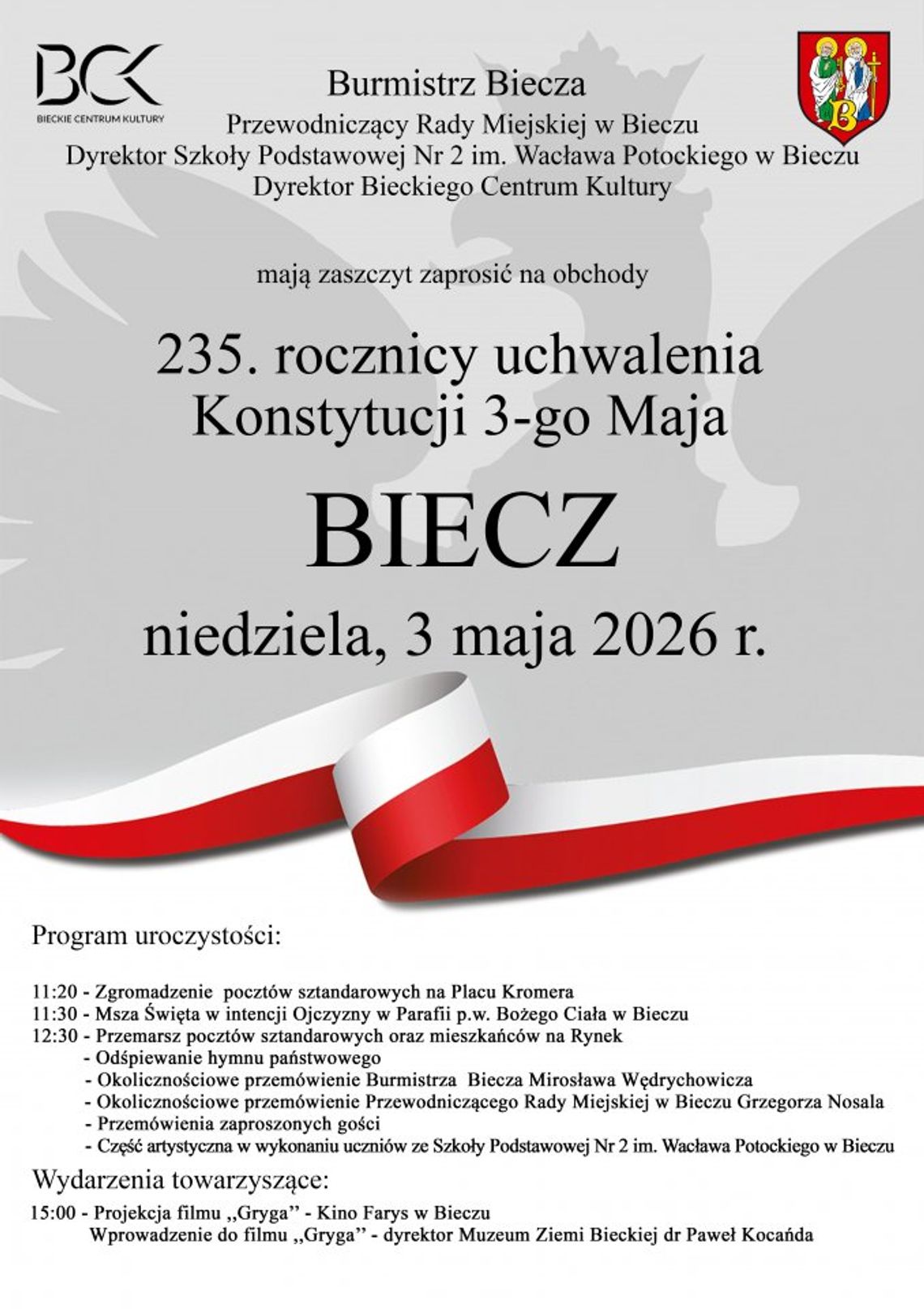 zdjęcie przedstawia plakat promujacy wydarzenie - Gminne obchody 235. rocznicy uchwalenia Konstytucji 3 Maja w Bieczu