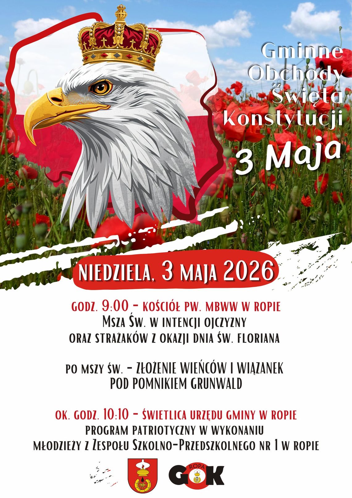 zdjęcie przedstawia plakat promujacy wydarzenie -  Gminne Obchody Święta Uchwalenia Konstytucji 3 Maja w Ropie | zapowiedzi wydarzeń - halogorlice.info