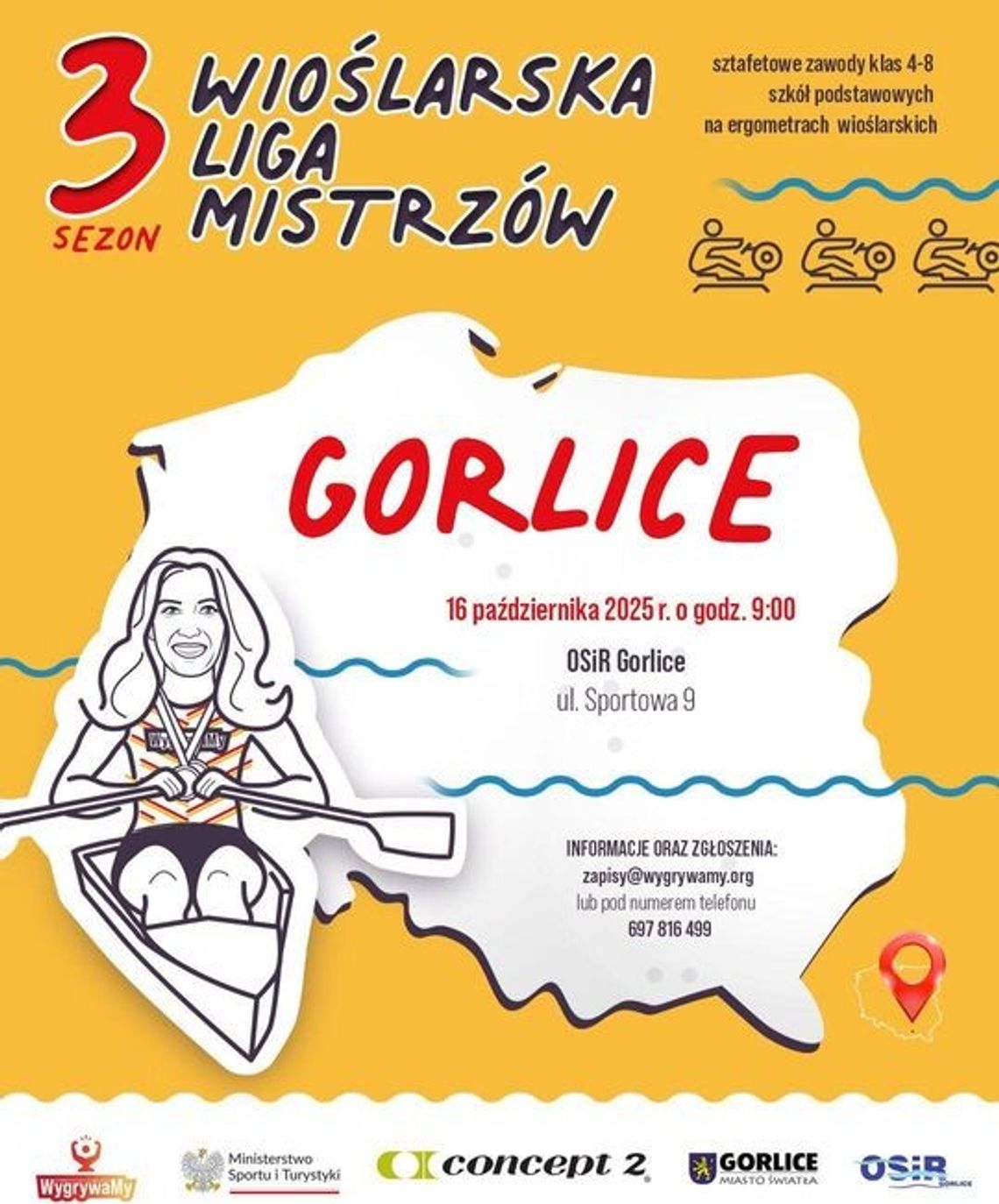 Plakat zapowiadający wydarzenie - Gorlice w III edycji „Wioślarskiej Ligi Mistrzów”