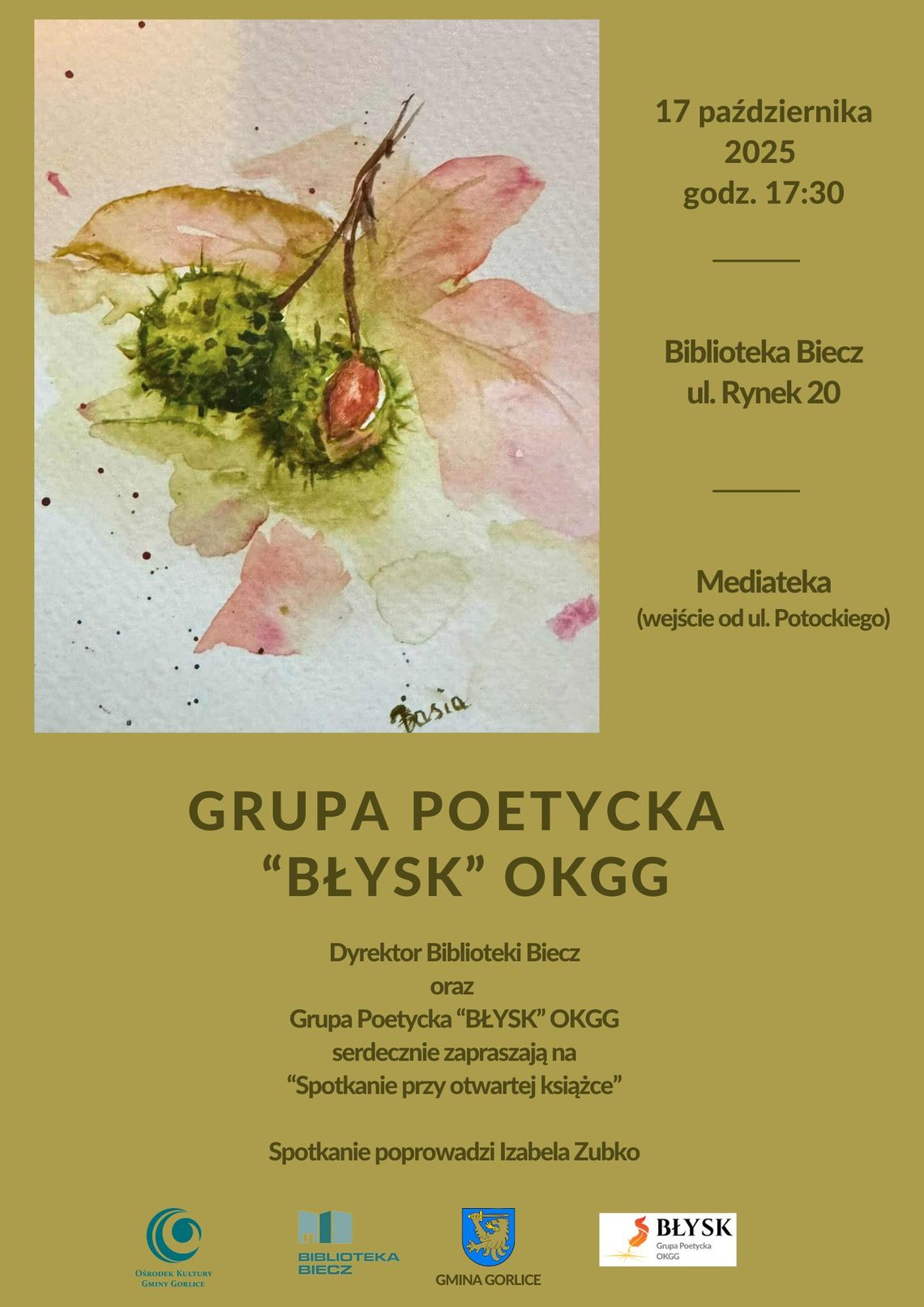 Plakat zapowiadający wydarzenie Grupa Poetycka "BŁYSK" OKGG - "Spotkanie przy otwartej książce"