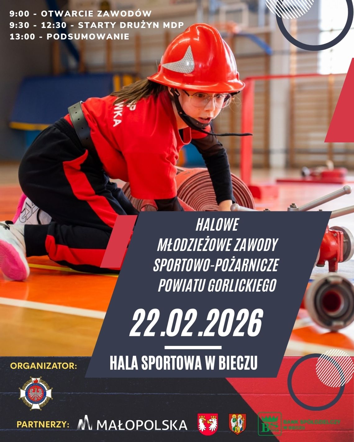 Plakat zapowiadający wydarzenie - Halowe Młodzieżowe Zawody Sportowo-Pożarnicze Powiatu Gorlickiego