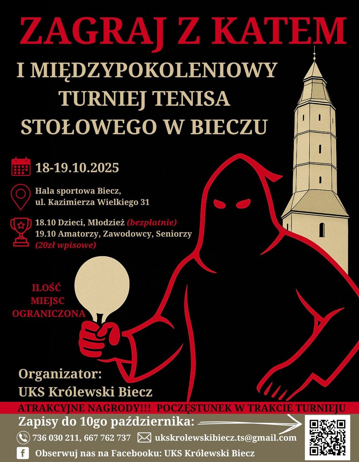 Zdjęcie przedstawia plakat promujący wydarzenie I Międzypokoleniowy Turniej Tenisa Stołowego w Bieczu