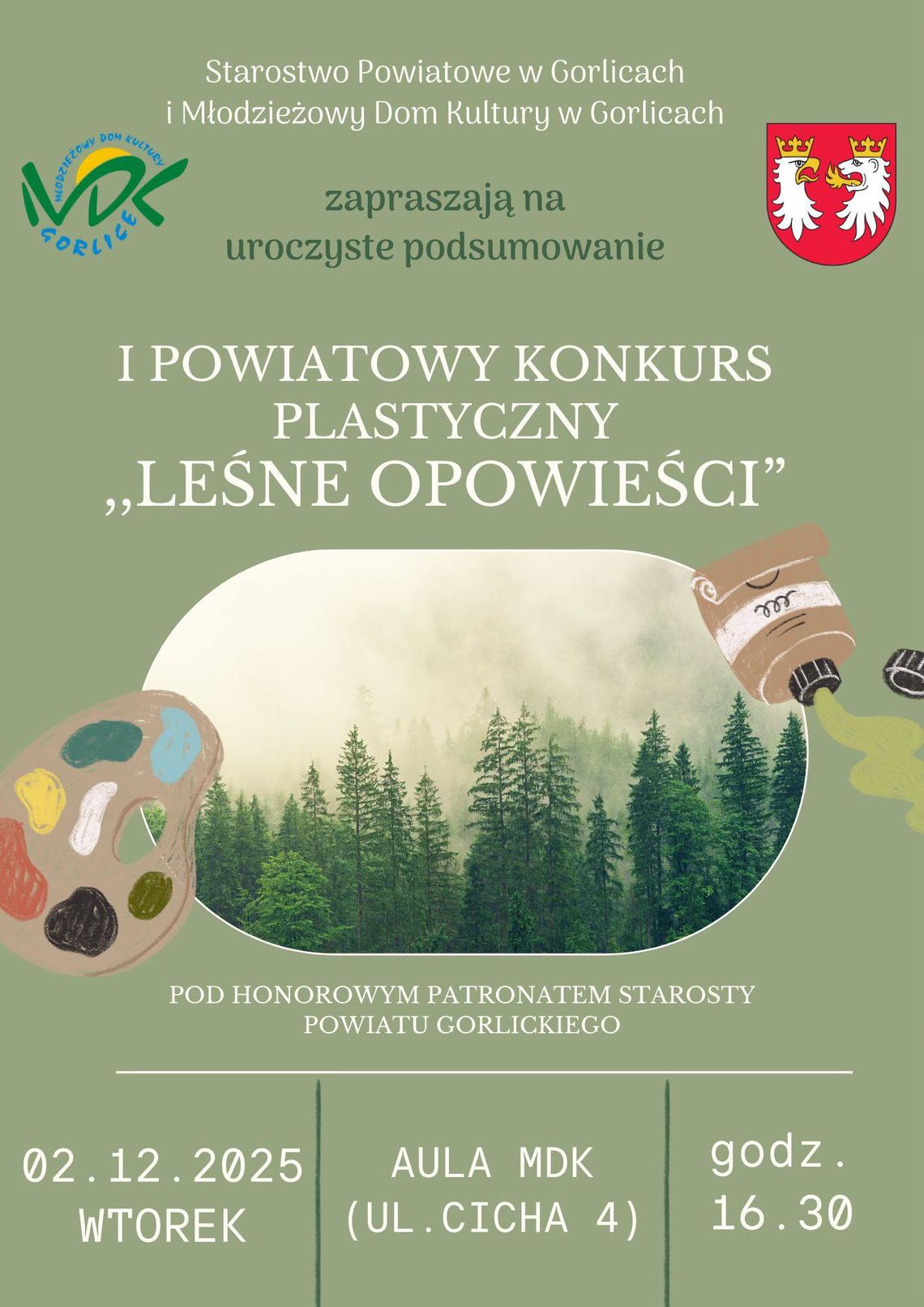 Plakat zapowiadający wydarzenie - I powiatowy konkurs plastyczny "LEŚNE OPOWIEŚCI"
