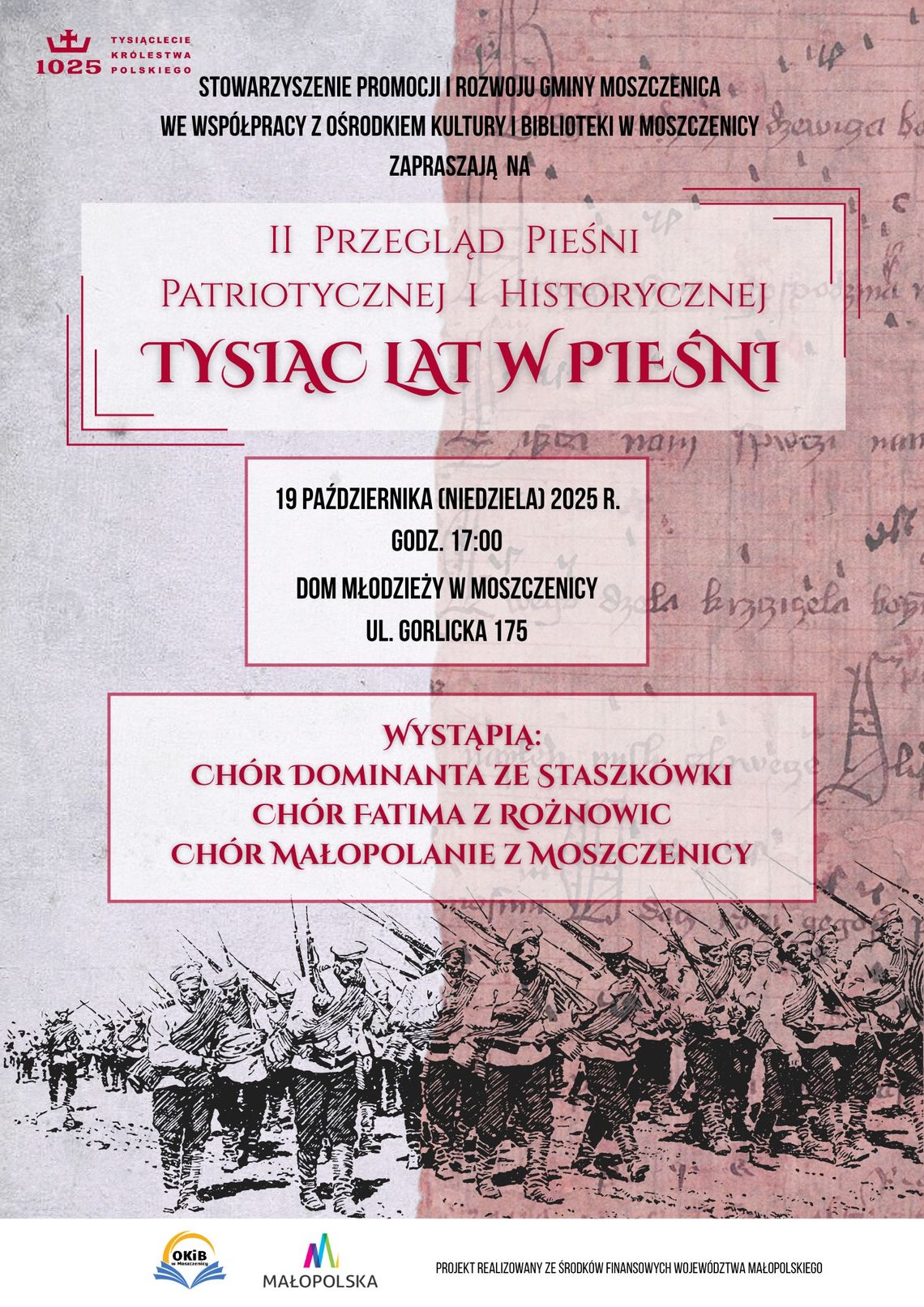 Plakat zapowiadający wydarzenie II Przegląd Pieśni Patriotycznej i Historycznej "Tysiąc Lat w Pieśni"
