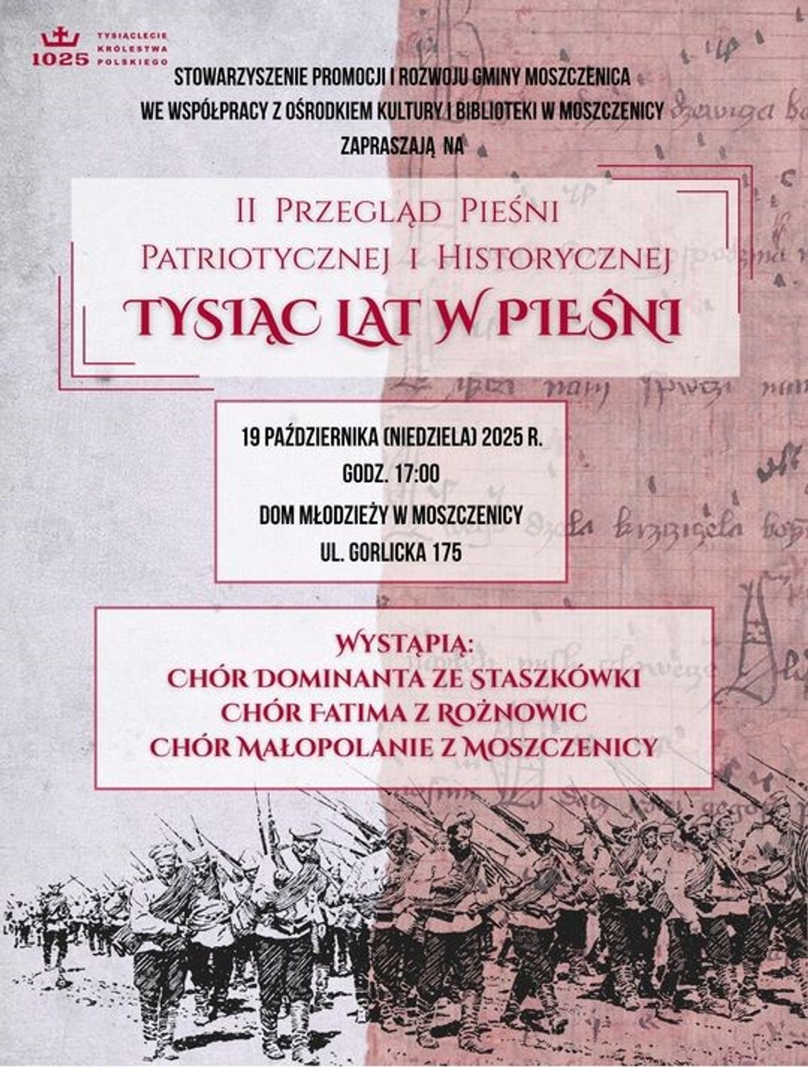 Plakat zapowiadający wydarzenie II Przegląd Pieśni Patriotycznej i Historycznej "Tysiąc Lat w Pieśni"