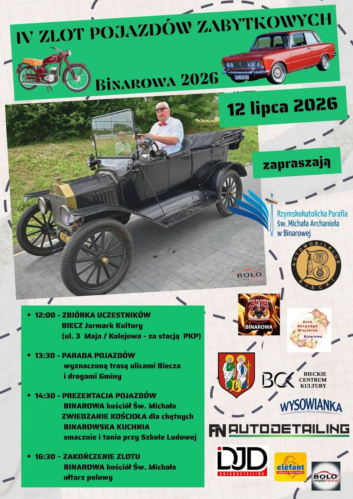 IV Zlot Pojazdów Zabytkowych w Binarowej | zapowiedzi wydarzeń - halogorlice.info zdjęcie przedstawia plakat promujący wydarzenie - IV Zlot Pojazdów Zabytkowych w Binarowej