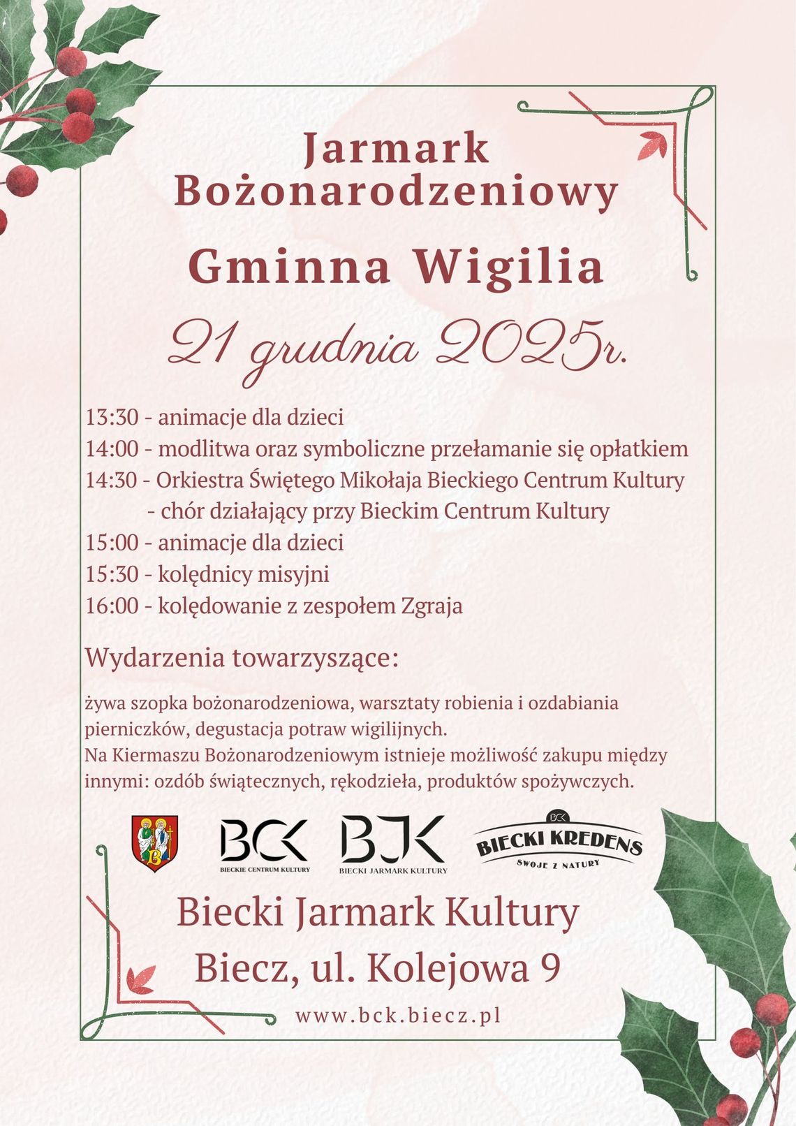 Plakat zapowiadający wydarzenie -  Jarmark Bożonarodzeniowy oraz Gminna Wigilia w Bieczu