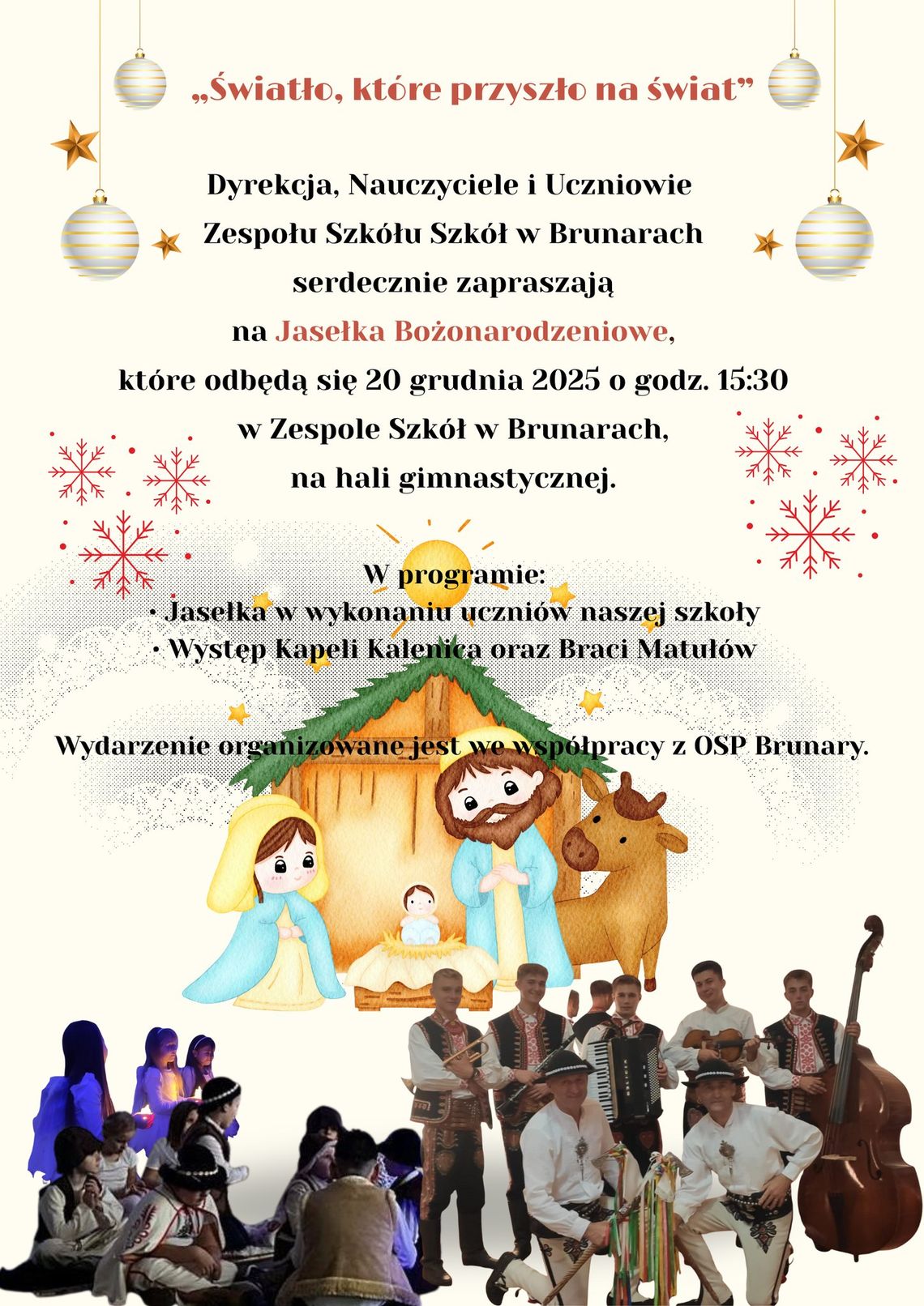 Plakat zapowiadający wydarzenie - Jasełka Bożonarodzeniowe w Brunarach