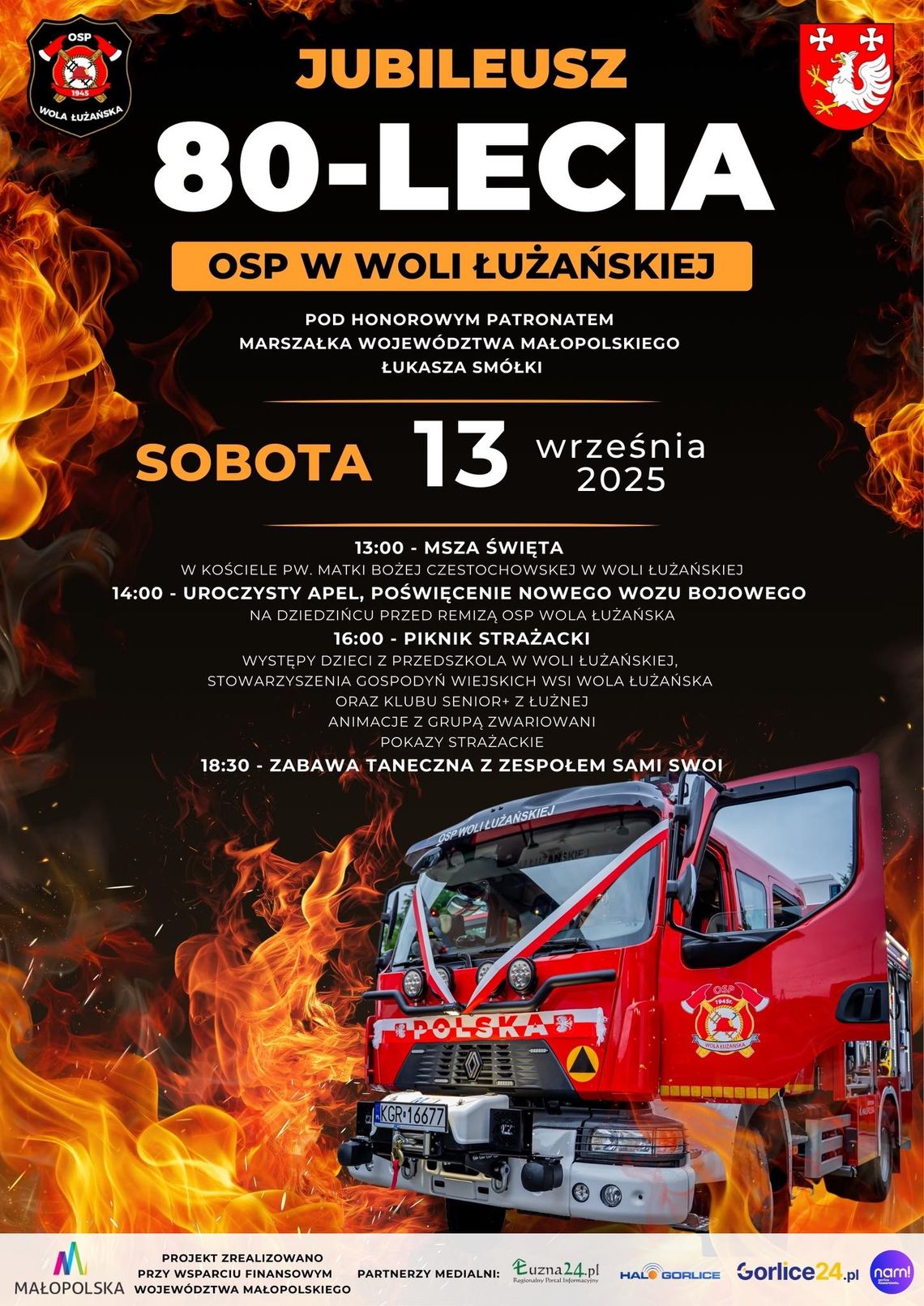 Zdjęcie przedstawia plakat promujący wydarzenie Jubileusz 80-lecia OSP w Woli Łużańskiej
