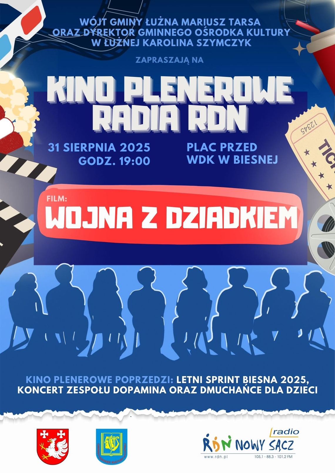 Kino plenerowe w Biesnej | halogorlice.info Zdjęcie przedstawia plakat promujący wydarzenie Wernisaż wystawy Joanny Zając pt. Niebyliny