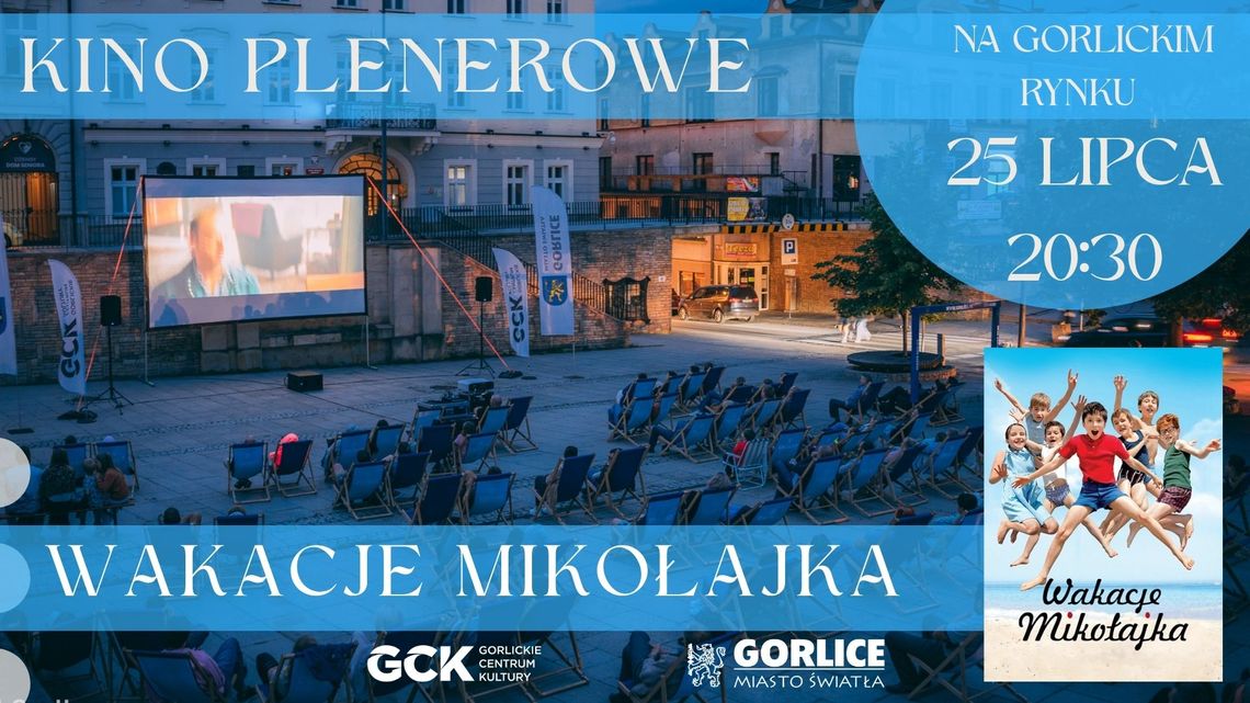 Plakat zapowiadający wydarzenie Kino plenerowe w Gorlicach: Wakacje Mikołajka