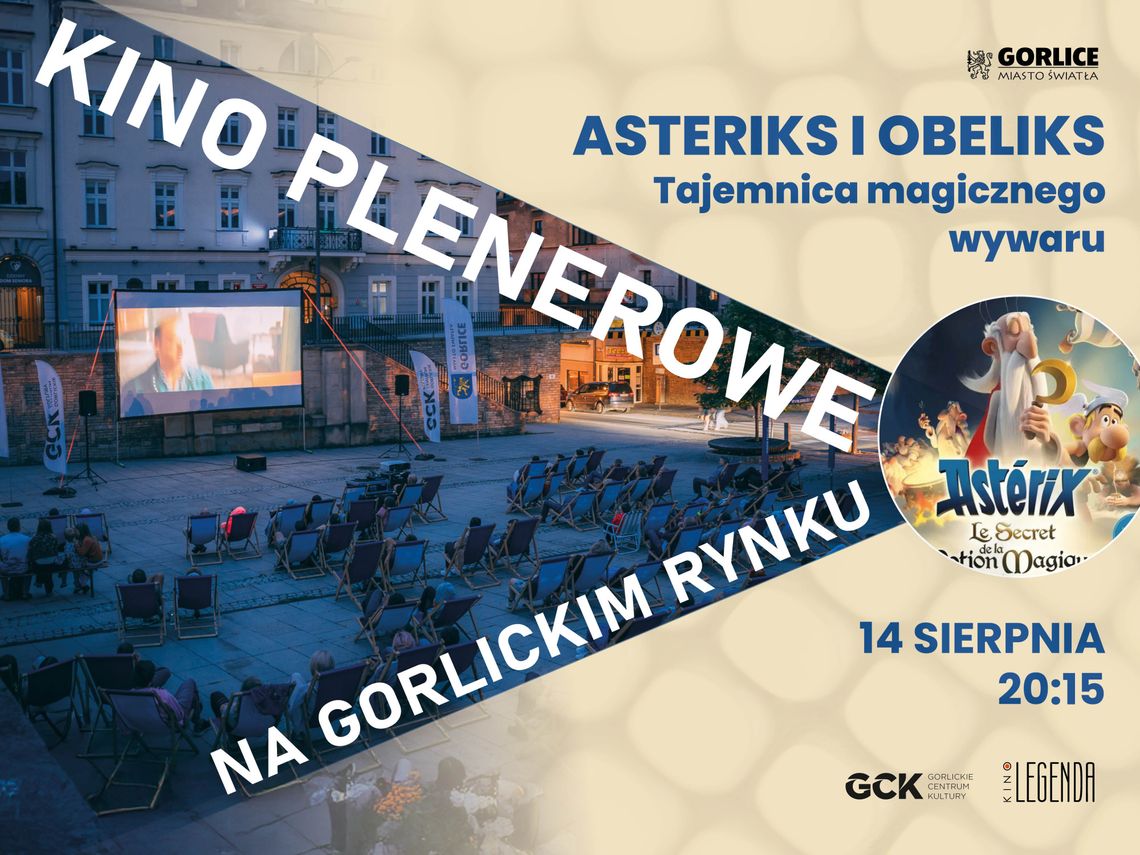 Zdjęcie przedstawia plakat promujący Kino plenerowe z filmem „Asteriks i Obeliks. Tajemnica magicznego wywaru”