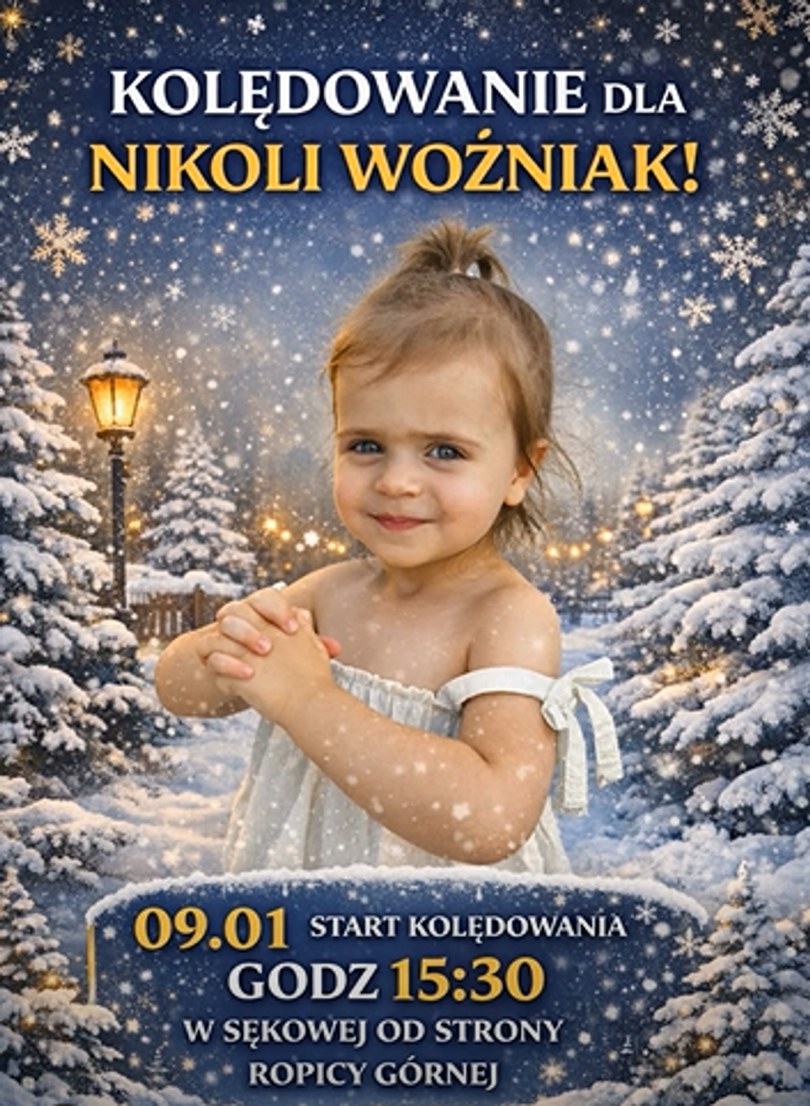 Plakat zapowiadający wydarzenie - Kolędowanie charytatywne dla Nikoli Woźniak w Sękowej