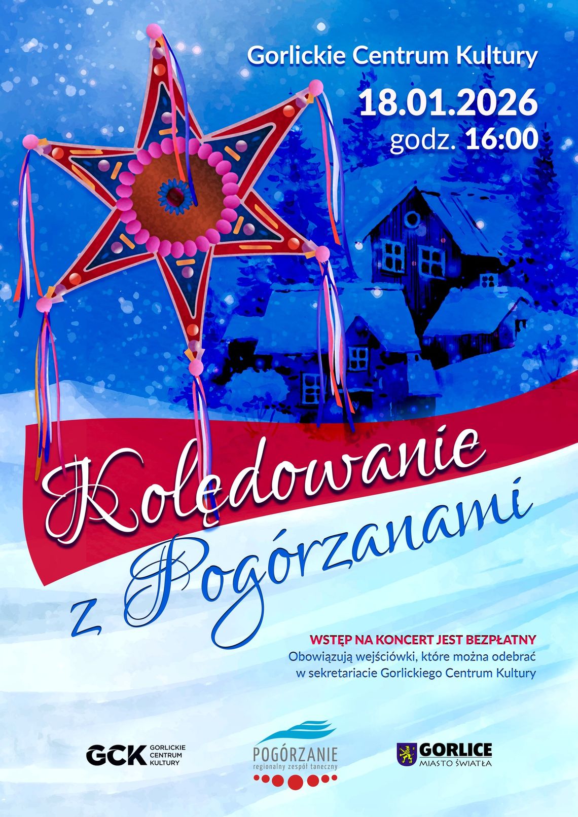 Plakat zapowiadający wydarzenie - Kolędowanie z Pogórzanami